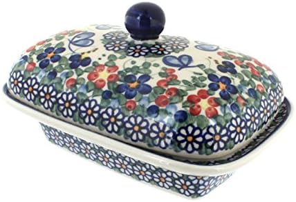 Blue Rose Polish Pottery - Red Garden Butterfly Butter Tub - Fits 1 Stick - Butter Dish for Countertop Organization and Storage
