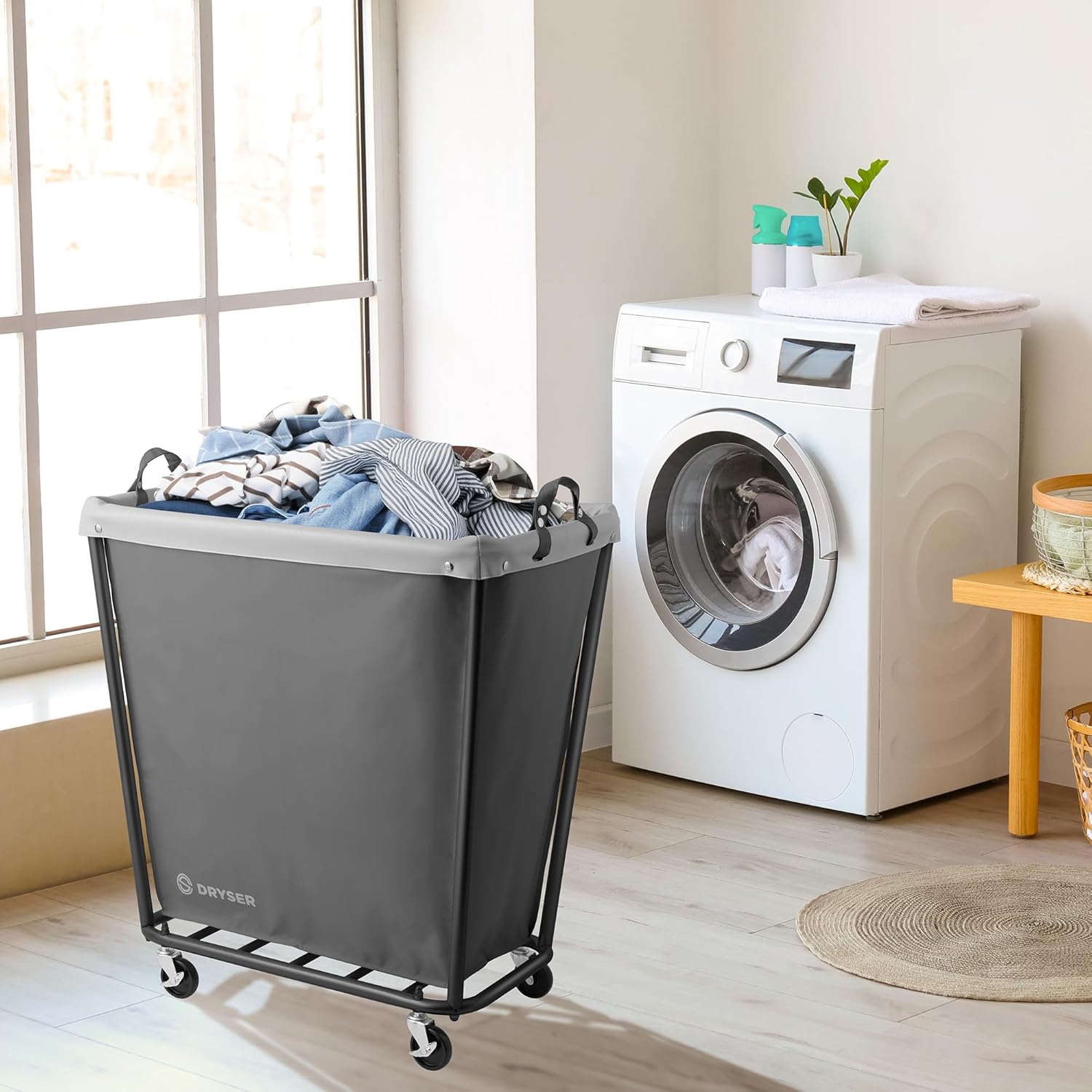 Dryser Large Commercial Heavy-Duty Rolling Laundry Hamper, Steel Frame Cart on Wheels with Removable Canvas Bin for Hotel or Home - Gray