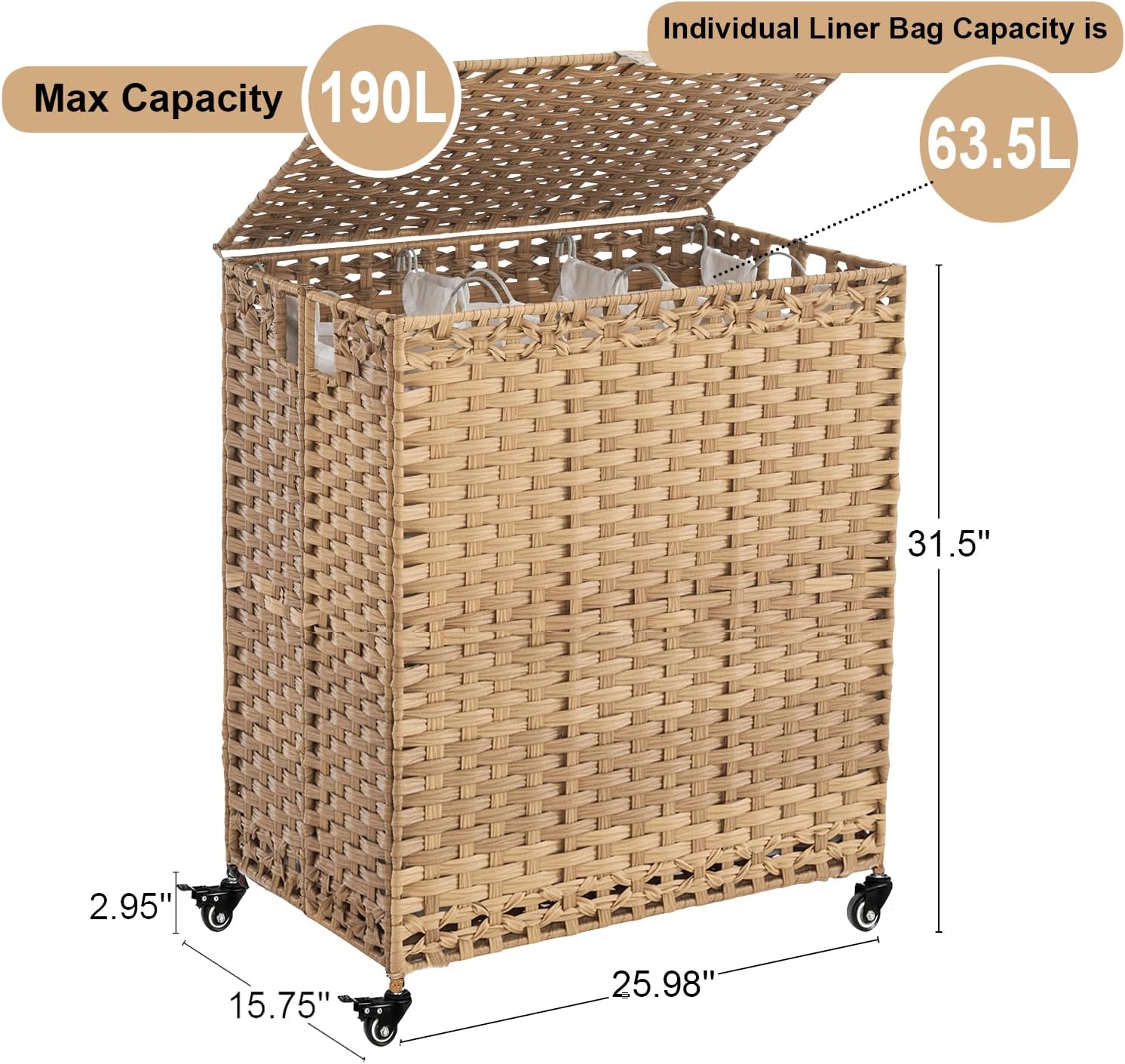 Laundry Hamper with Wheels&Lid, 50.2 Gallons(190L) Rolling Laundry Basket with Wheels, 3-Section Laundry Hamper, Handwoven Rattan Clothes Hamper with 6 Removable Liner& 3 Mesh Laundry Bags, Natural