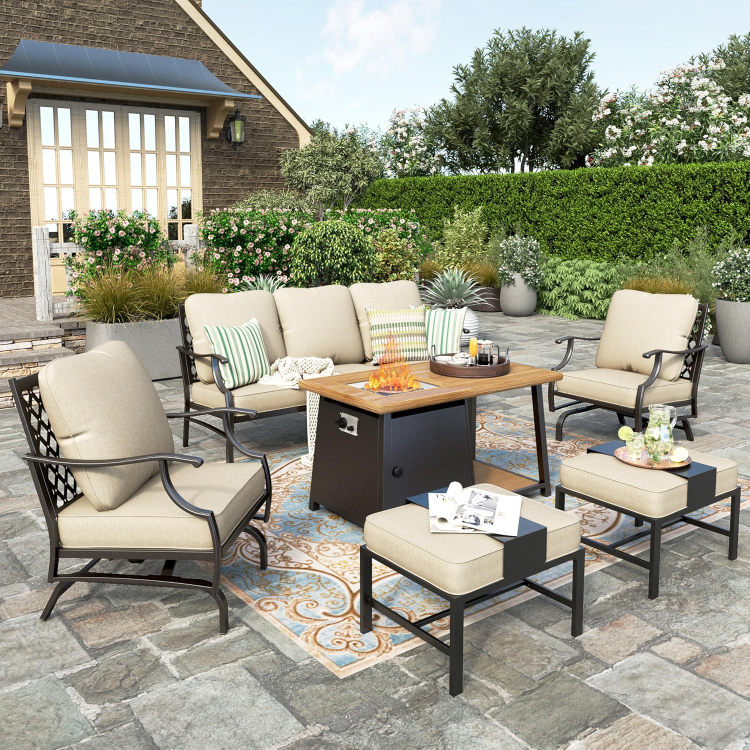 HERA'S HOUSE 6 Pieces Patio Furniture Set with Fire Pit Table, 2 x Rocking Chair, 2 x Ottoman, 3-Seat Sofa with 46
