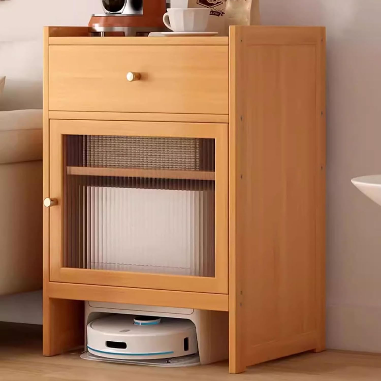 Wood Organizer Stand for Robotic Vacuum Robot Vacuum Stand Cabinet 2-Door Design with Drawers and Glass Doors Removable Shelves Office Storage Cabinet(Natural)