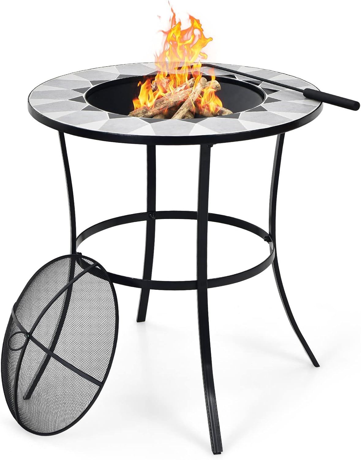Giantex Fire Pit Table, Outdoor Fire Pit with Mesh Cover, Fire Poker, Tile Tabletop, Round Wood Burning Fire Table for Outside, Patio, Backyard, Garden, Camping 23.5 Inch Small Fire Pit