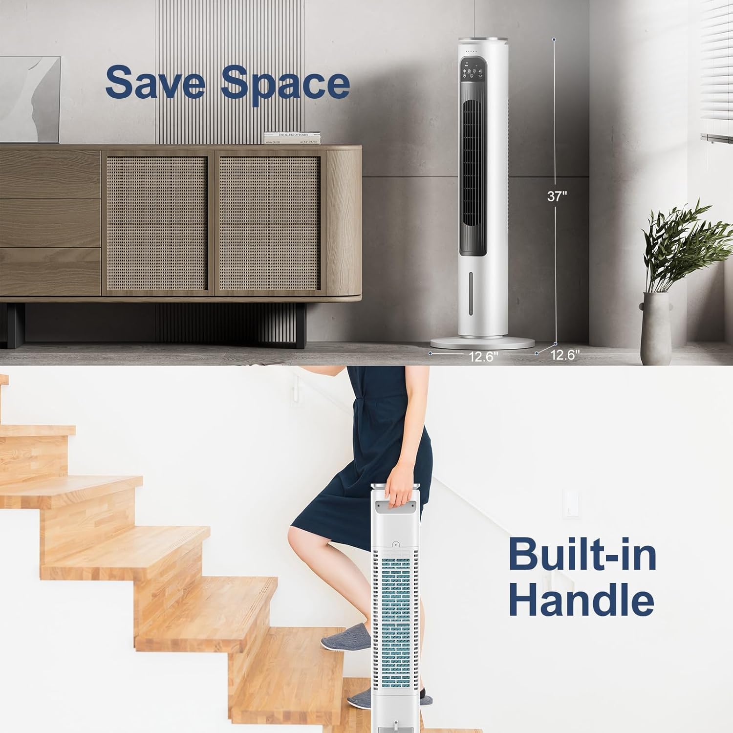 Windowless Portable Air Conditioner Ac Unit with Remote,37” Evaporative Air Cooler,Swamp Cooler for 4 Modes, 12H Timer, Removable Water Tank,Ice Packs,CoolingTower Fan for Bedroom,Outdoor,Indoor White