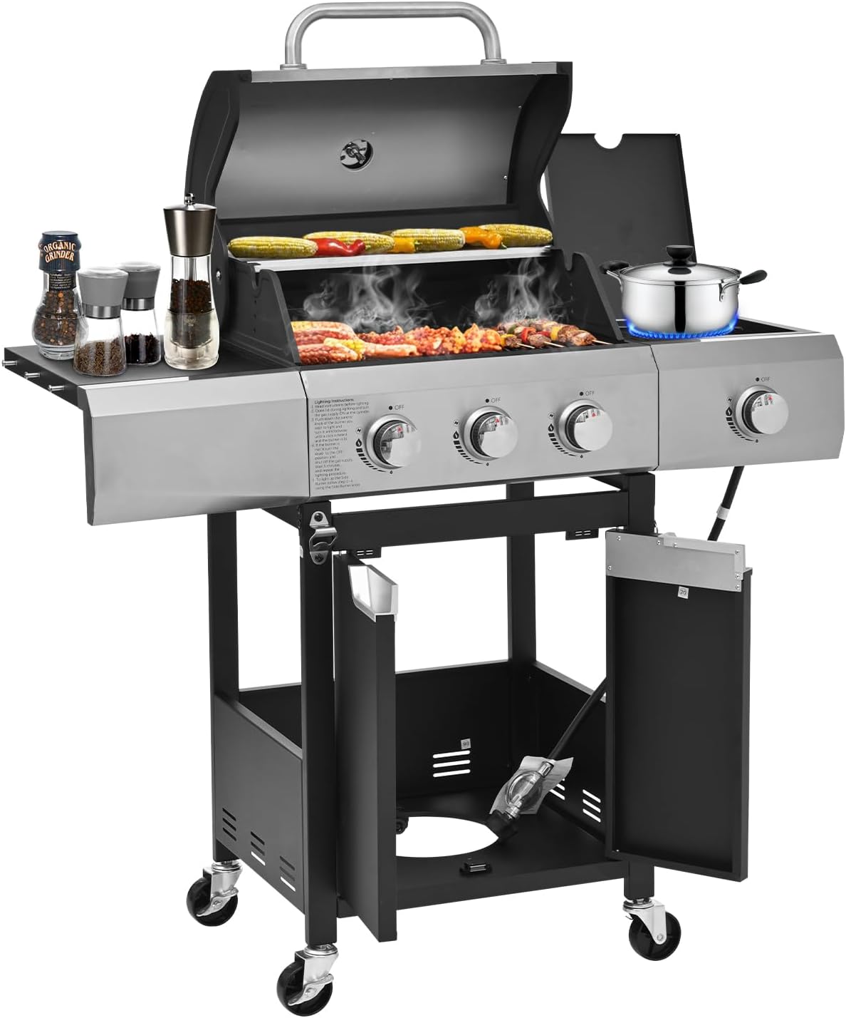 3+1 Burner Propane Grill with Side Burner, 40,500 BTU Electronic Ignition BBQ Gas Grill, Stainless Steel Barbecue Propane Grills with Cast Iron Grates & Swivel Wheels for Outdoor and Patio