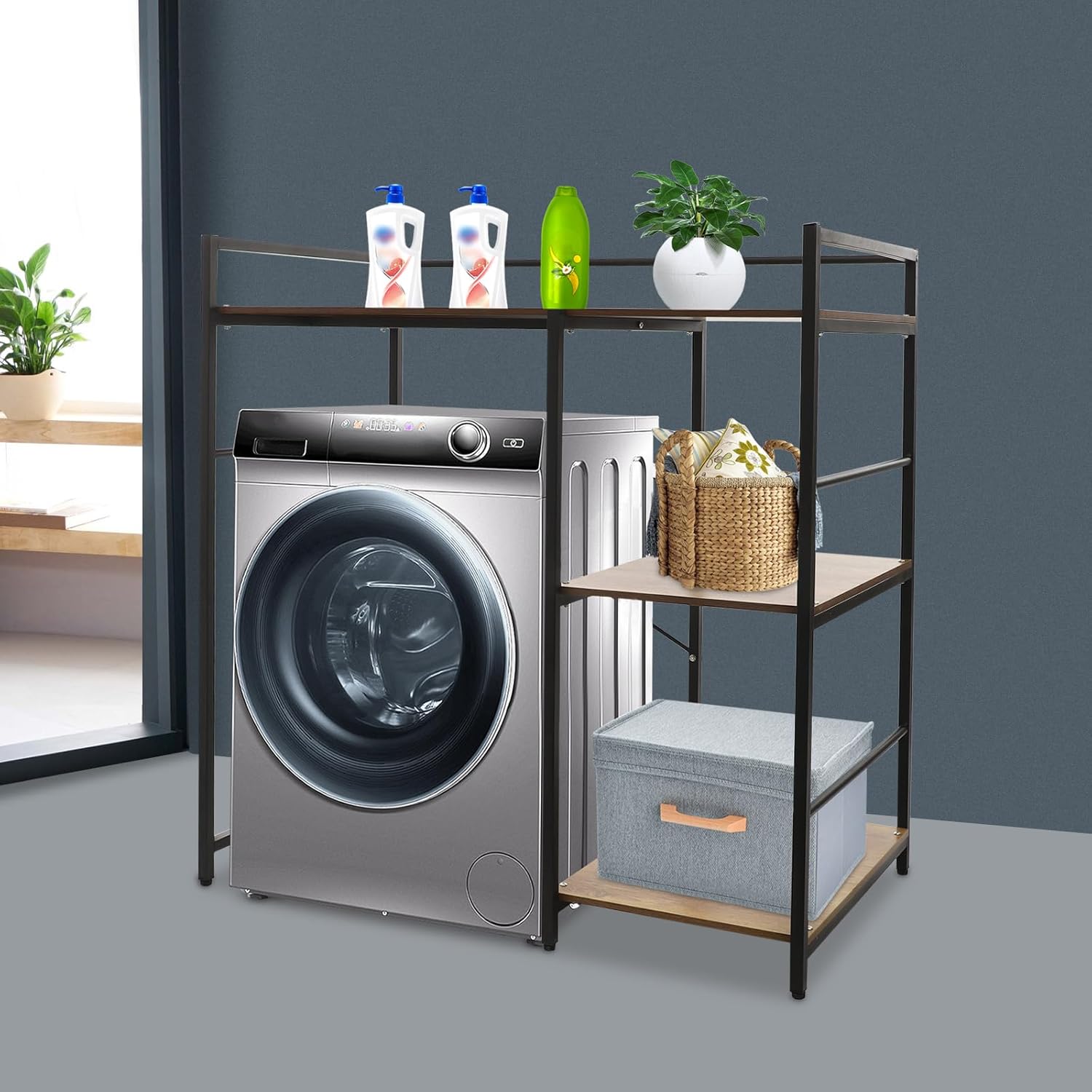Washer and Dryer Shelves, 3 Tiers Laundry Room Storage and Organizer Standing Shelf, Modern Freestanding Space Saving Storage Utility Rack