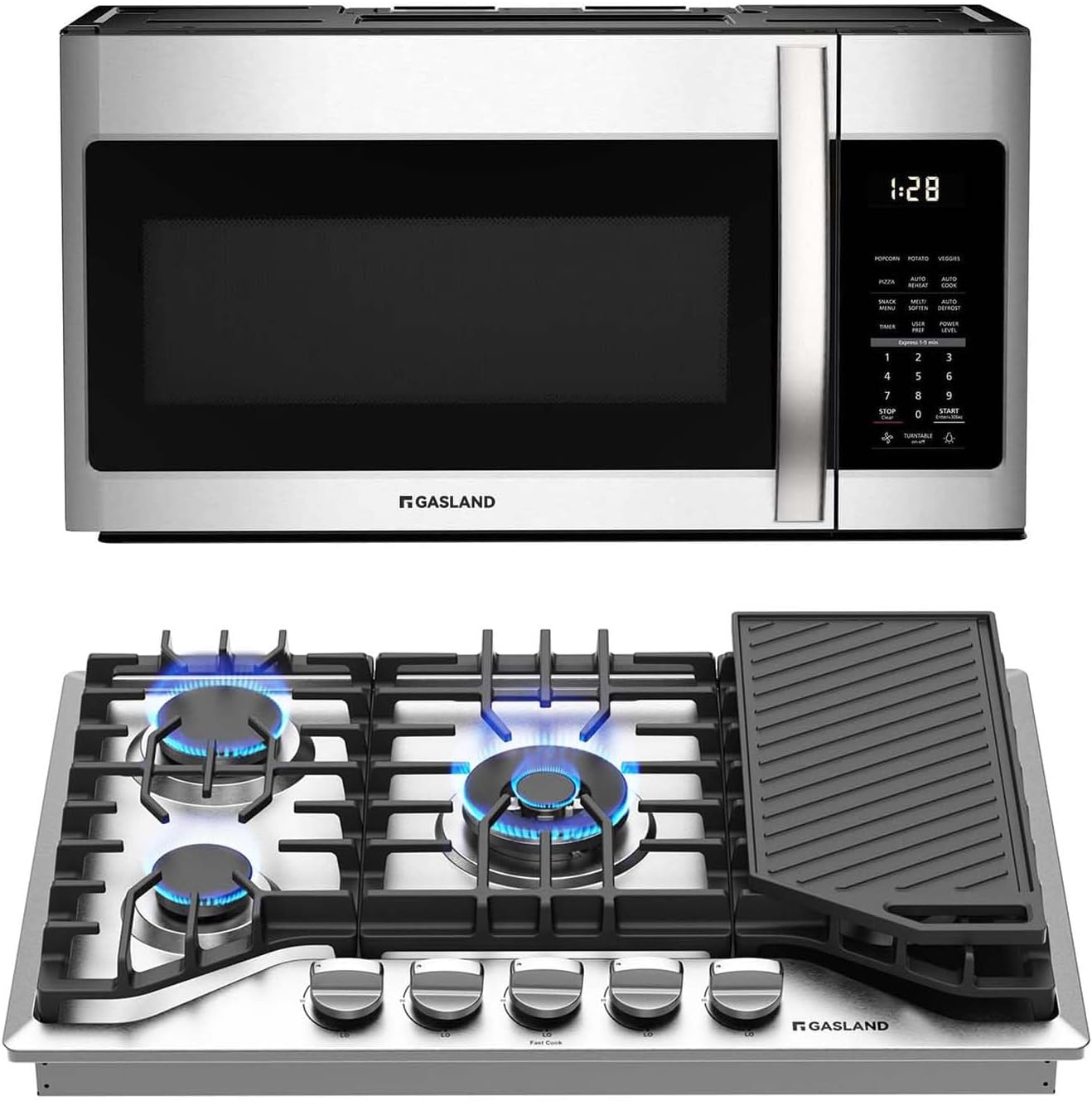 GASLAND 30 Inch Over the Range Microwave Oven+30 Inch Gas Cooktop, PRO GH3305SF 5 Burner Gas Stovetop