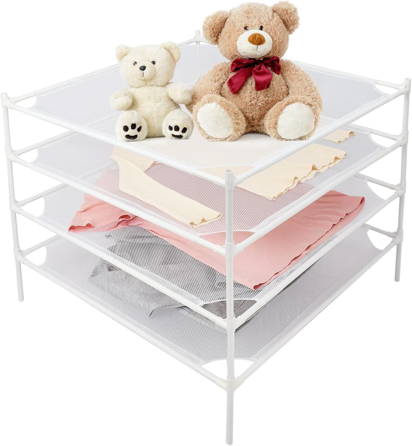 Sweater Drying Rack Flat, Metal Tube Mesh Clothes Drying Rack for Laundry with Rubber Feet, Stackable Laundry Clothing Dryer Rack for Art, Clothes, Indoor & Outdoor, White, 4-Layer