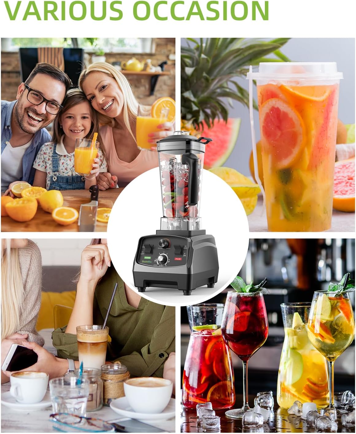 BioloMix Professional Smoothie Blender - 2200W, 68 Oz Capacity, High Speed Blender for Shakes, Smoothies, Ice Crushing, Frozen Fruits (with Extra Parts+600ML Grinding Cups)