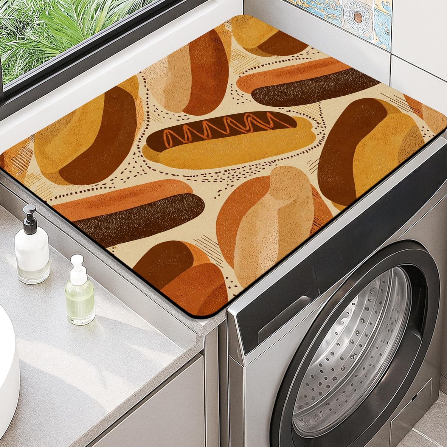 Retro Hot Dog Washer Dryer Top Protector Mat, Vintage Bakery Style Anti-slip Waterproof Washing Machine Dust Covers for Laundry Room 20x24 Inch