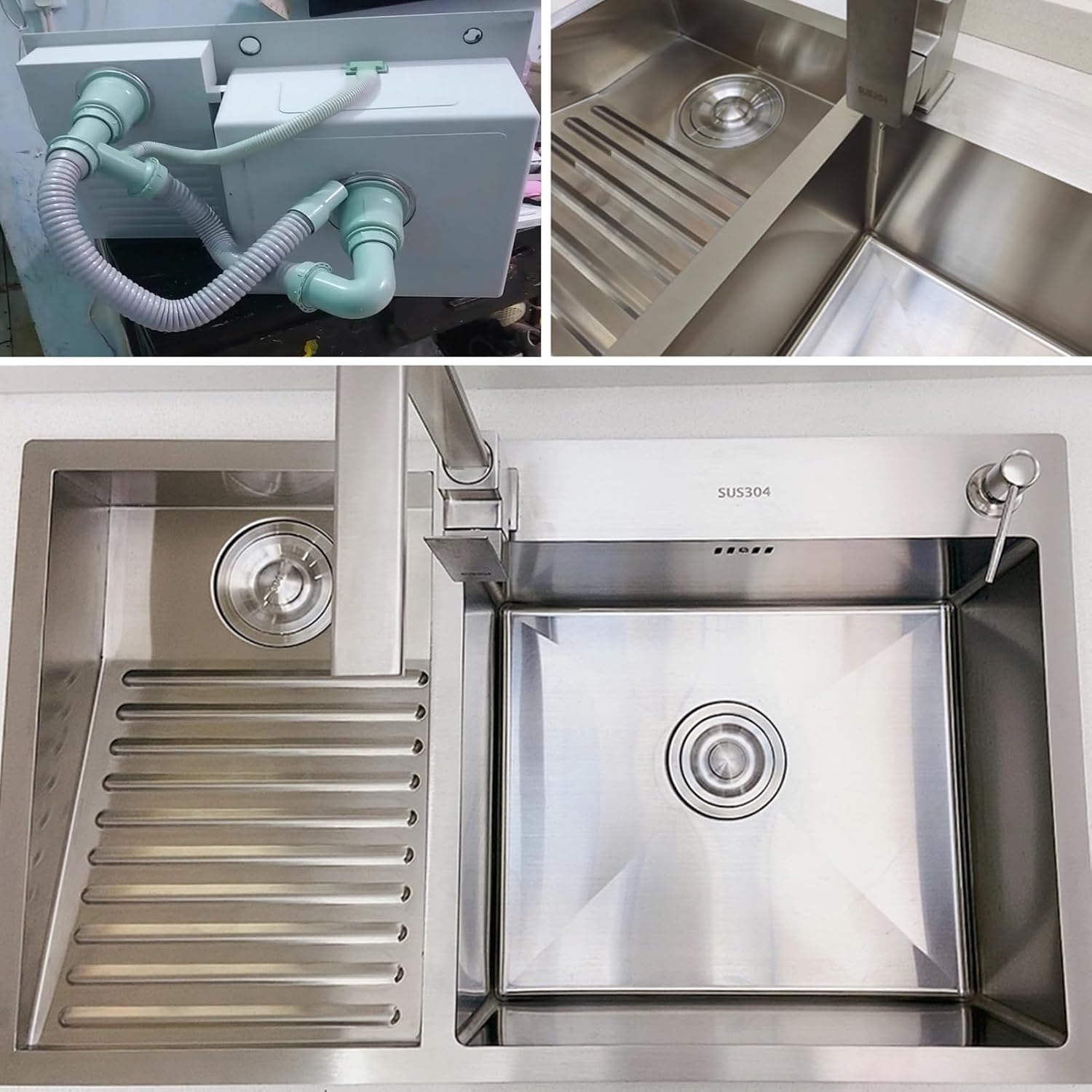 900mm/35.4Inch Laundry Utility Sink With Washboard Stainless Steel Kitchen Sink with Faucet Household Pool Balcony Room Wash Basin Easy Clean Double-Bowl