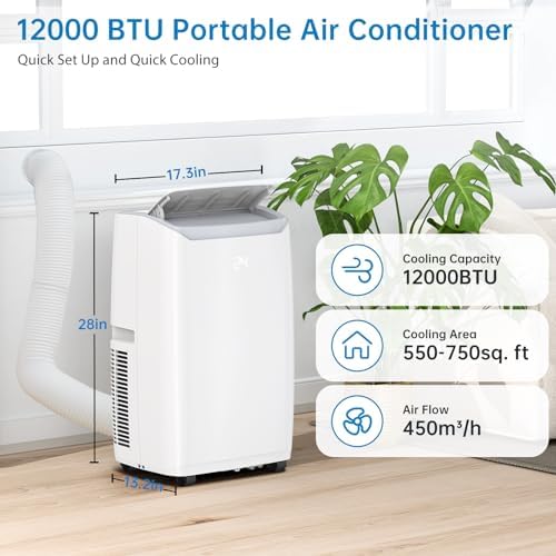 12000 BTU Portable Air Conditioner with Remote Control, Fast Cooling, Quiet Sleep Mode, Timer, Ideal for Rooms up to 550 Sq. Ft.