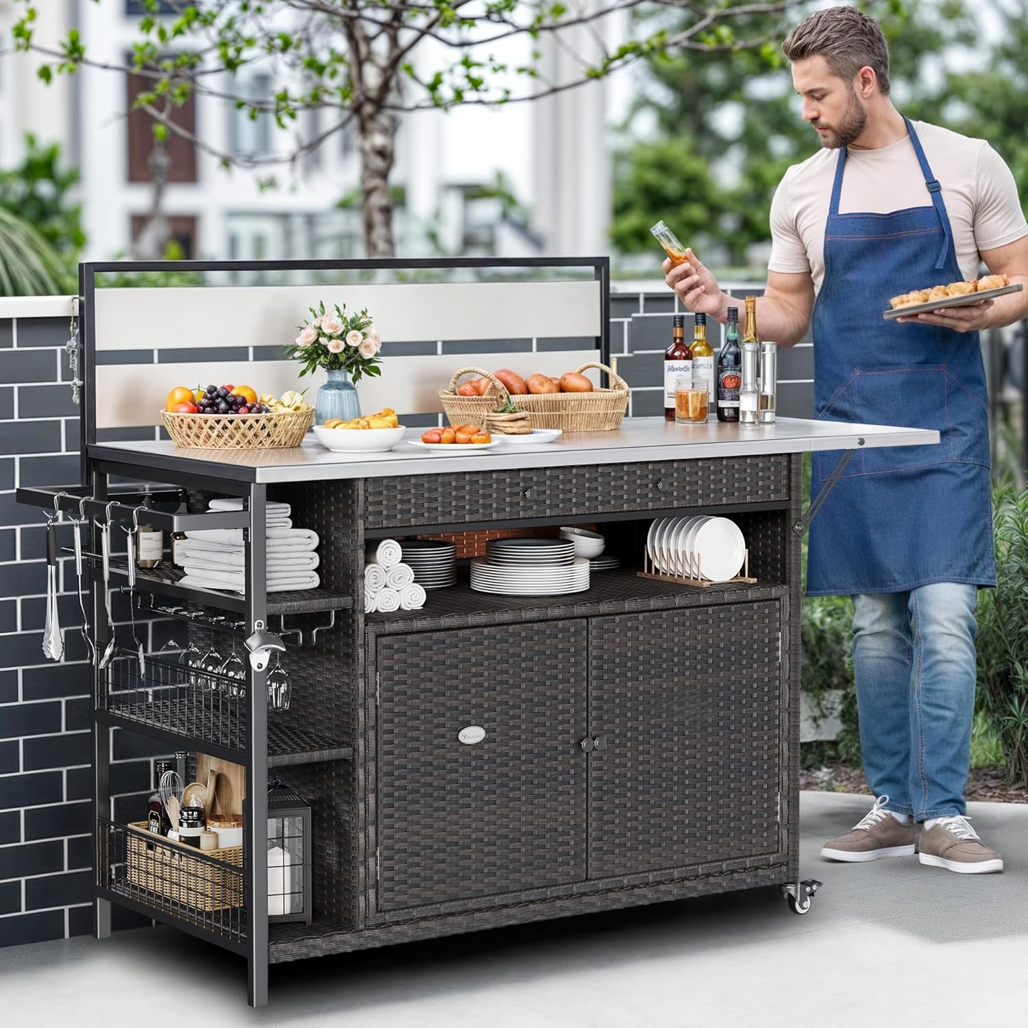 YITAHOME XL Outdoor Kitchen Island, Outdoor Bar Table & Storage Cabinet, Wheels and Stainless Steel Extended Table Top, Side Handle for Patio Kitchen or Bar Cart, Dark Brown