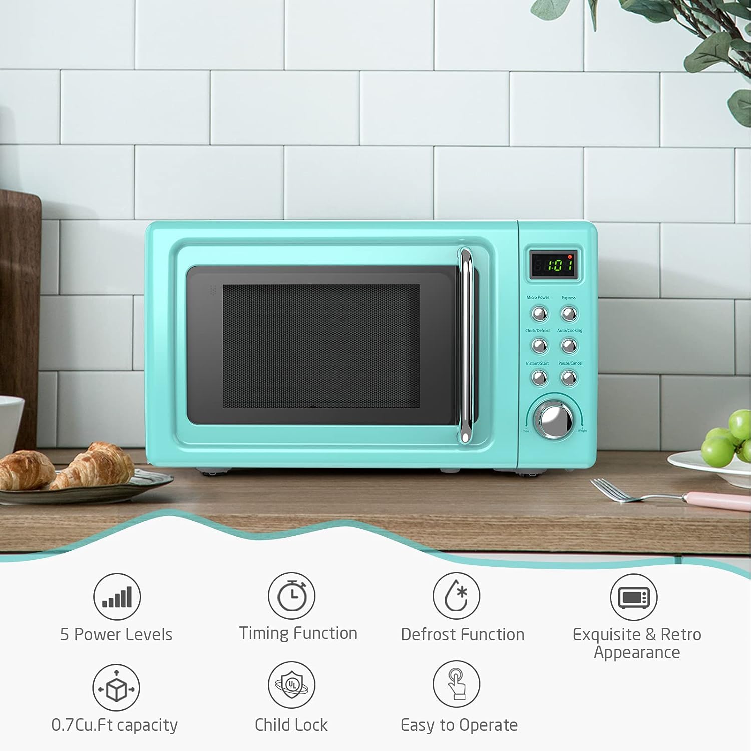 SIMOE Small Microwave Oven, 0.7 Cu Ft 700W Countertop Retro Microwave with 8 Auto-cooking Set & Defrost, Child Lock, Compact Microwave w/10 Inch Removable Turntable, Timer, 5 Micro Power, LED Lighting