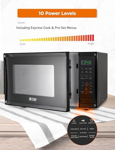 COMMERCIAL CHEF 1.1 Cu Ft Microwave with 10 Power Levels, Microwave 1000W with Push Button Door Lock, Countertop Microwave with Microwave Turntable and Digital Controls, Black