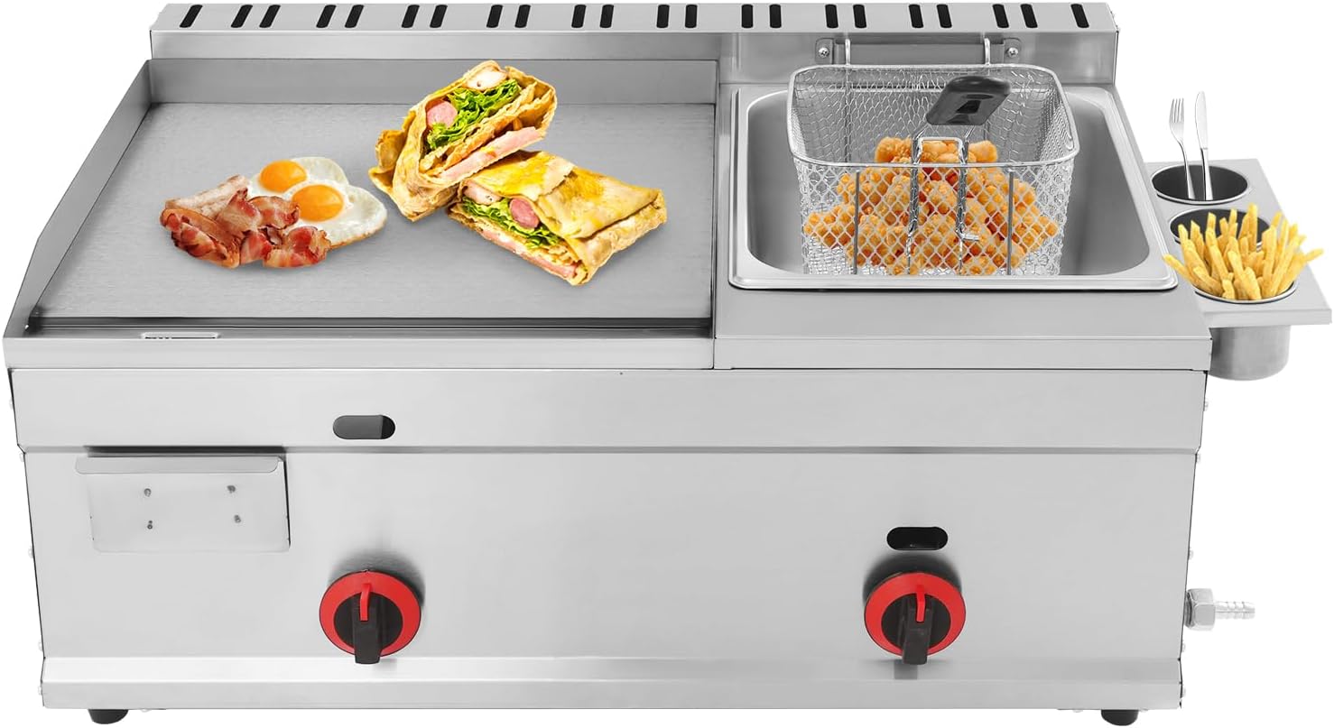 Commercial Deep Fryer and Griddle Combo, Portable 2-In-1 Cooking Station with Individual Fire Control, Gas Fryer with Basket for Outdoor BBQ, Camping, and Tailgating