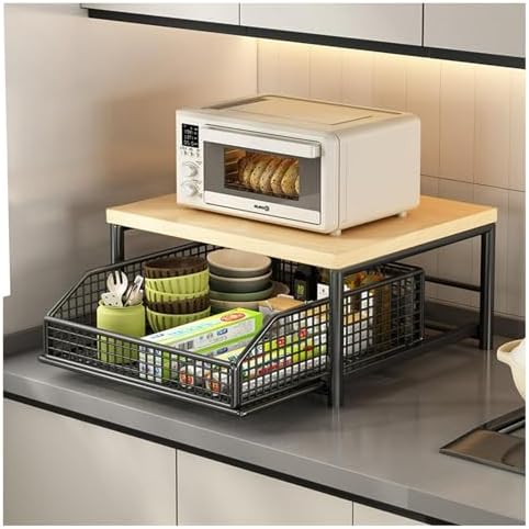 Kitchen Microwave Cart, Small Kitchen Shelf Microwave Stand with Bottom Storage Basket, No Wheels, Storage Microwave Shelf for Office, Living Room, Bedroom(Black,S)