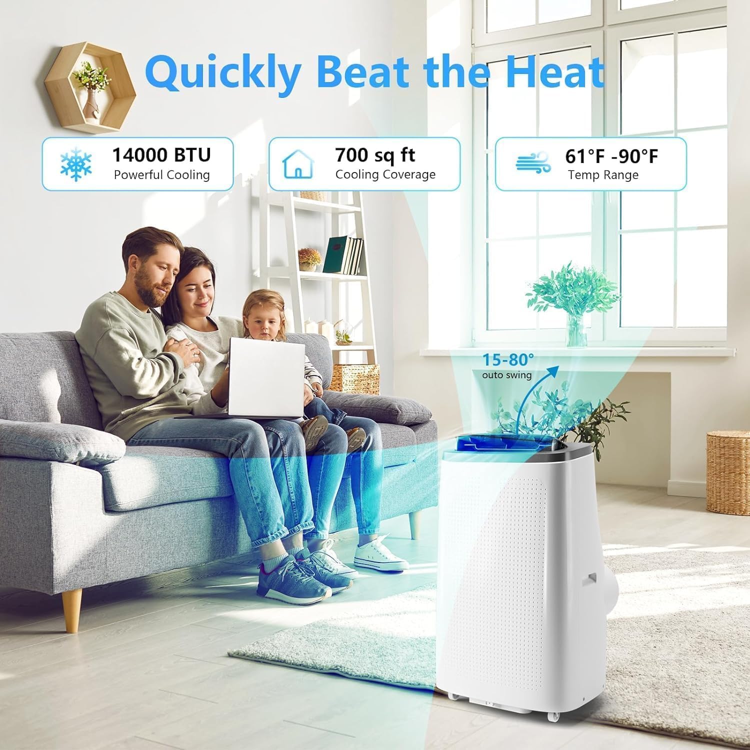 14000 BTU Portable Air Conditioner with 3-in-1 Cooling and Dehumidifying Functions, Fan Modes, Quiet Operation, Self-Evaporative, Energy-Efficient, Easy Install, Remote Control, 24-Hour Timer
