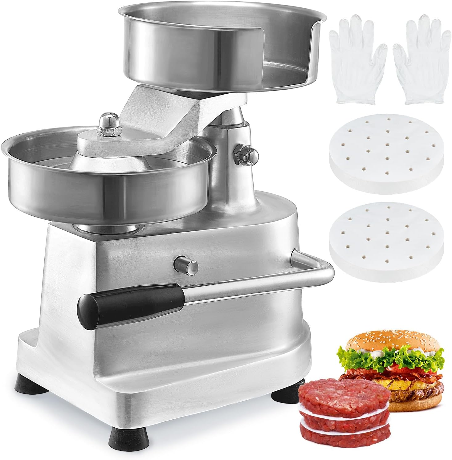 VEVOR Commercial Burger Patty Maker, 150mm/6inch Hamburger Beef Patty Maker, Heavy Duty Food-Grade Stainless Steel Bowl Burger Press Machine, Kitchen Meat Forming Processor with 1000 Pcs Patty Papers
