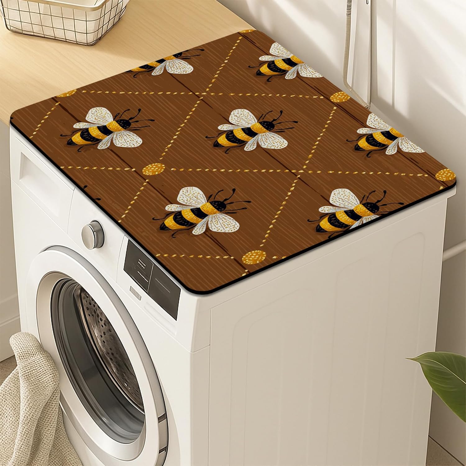 Bee Pattern Washer Dryer Top Protector Mat, Rustic Farmhouse Honeybee Laundry Machine Dust Covers, Summer Decor Rubber Anti-slip Waterproof Washer And Dryer Mats for Laundry Room 24x24 Inch