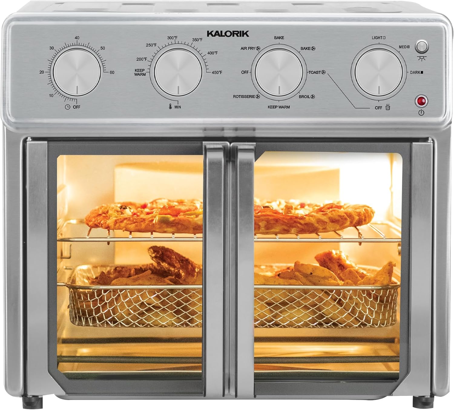 Kalorik MAXX Air Fryer Oven, 26 Quart 9-in-1 Countertop Toaster Oven and Air Fryer Combo - Fry, Bake, Roast, Rotisserie, & More, Large Glass French Doors & 7 Accessories, 1700-Watts, Stainless Steel