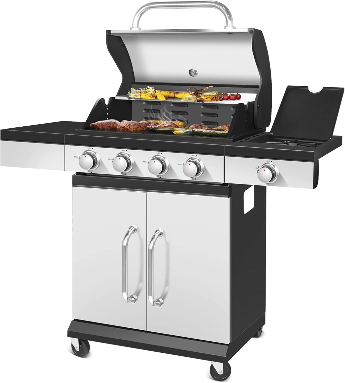 4-Burner Gas BBQ Grill with Side Burner, Porcelain-Enameled Cast Iron Grate, 48,000BTU Stainless Steel Propane Grills for parties, picnics, camping and other outdoor barbecue activities