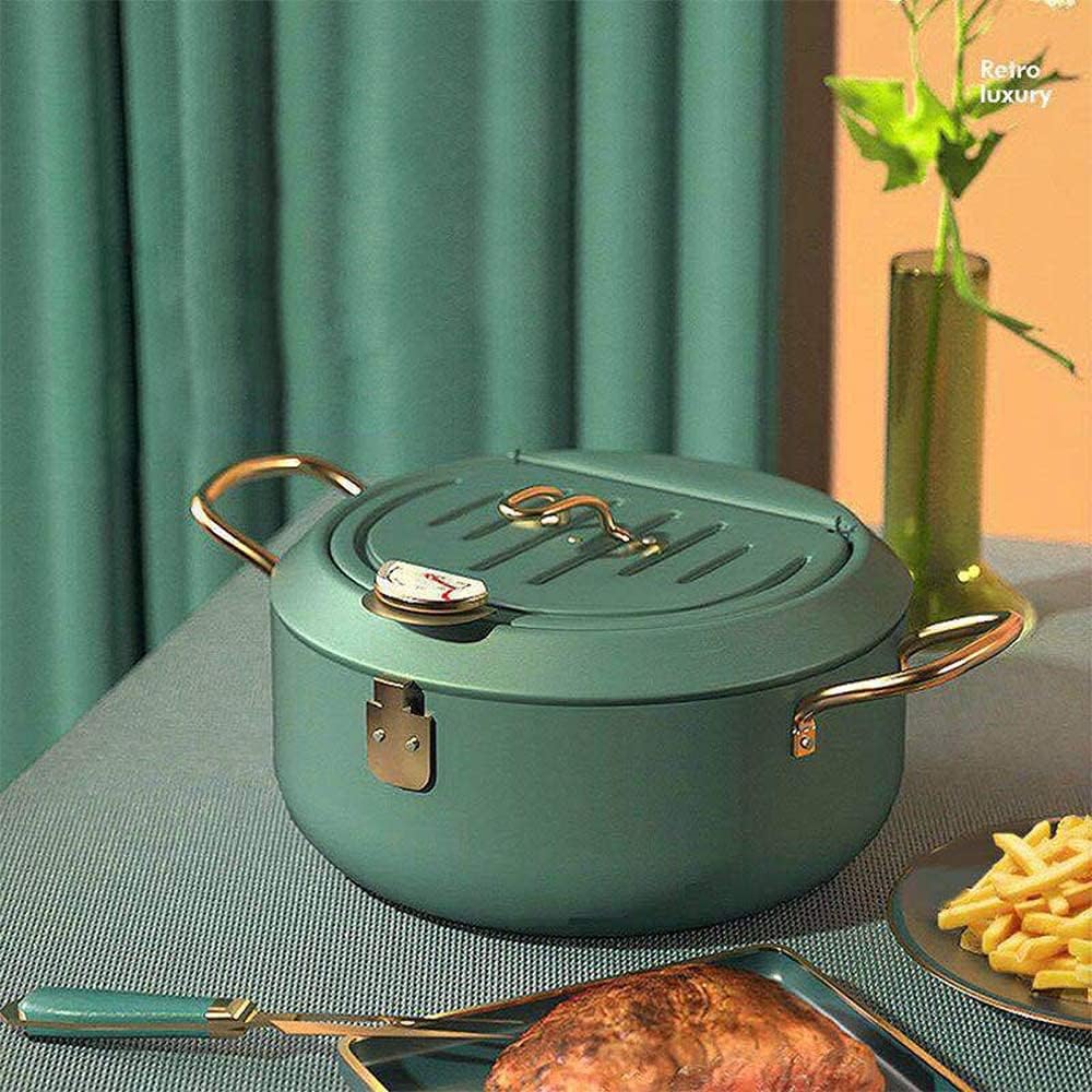 Stainless Steel Deep Frying Pot with Thermometer and Oil Drip Rack Lid Japanese Style Deep Fryer Pot for Home Fry Chicken Chips Fish Shrimp (7.9 inch, green)