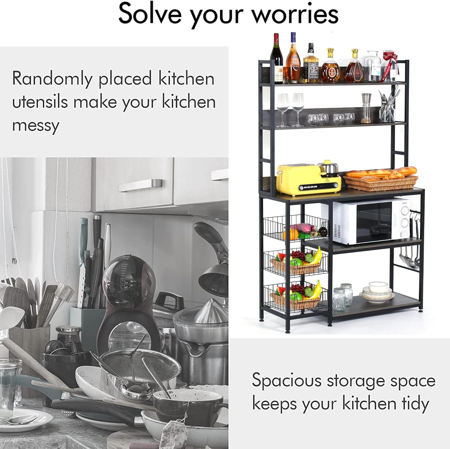 Kitchen Bakers Rack with Baskets,5-Tier Utility Storage Shelf with Hooks, Microwave Oven Stand Rack, Free Standing Kitchen Shelf Vintage Grey