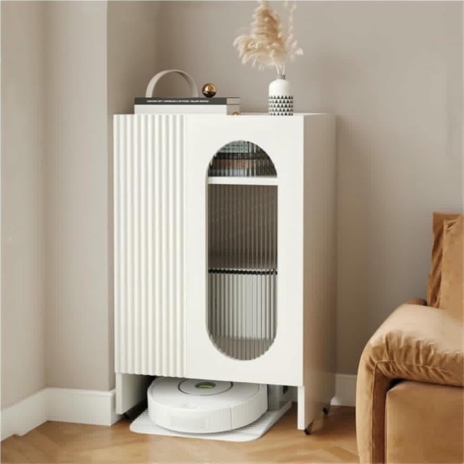 Sweeping Robot Storage Rack with Tempered Glass Door Mobile Vacuum Hidden Cabinet with Shelves for Living Room Office Space Saver