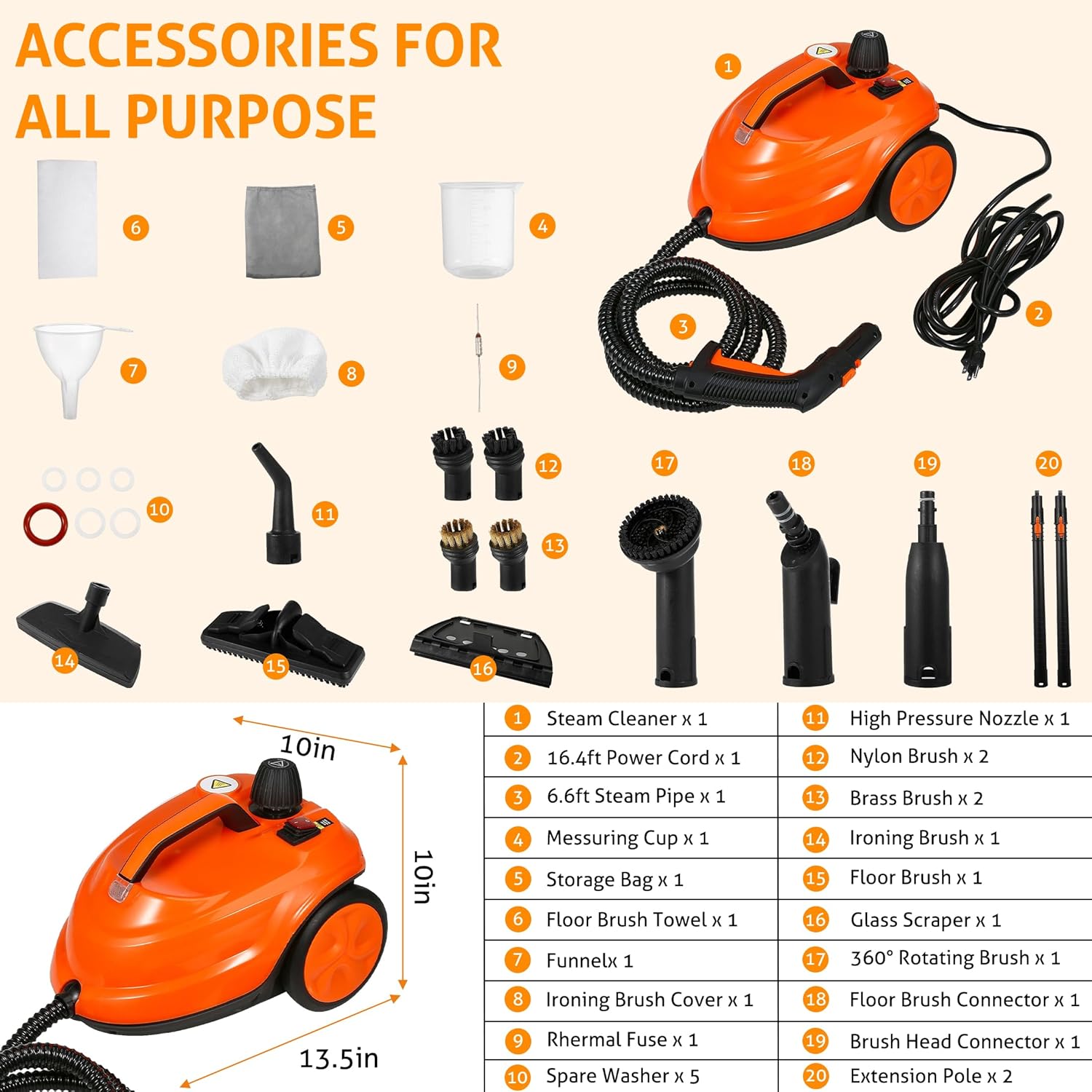 WICHEMI Steam Cleaner with Extension Pole, 71 oz, Steam Cleaner for Home, Adjustable Steam Pressure, 26 Accessories, Handheld Steam Cleaner for Walls, Gaps, Hard Floors, and Tiles