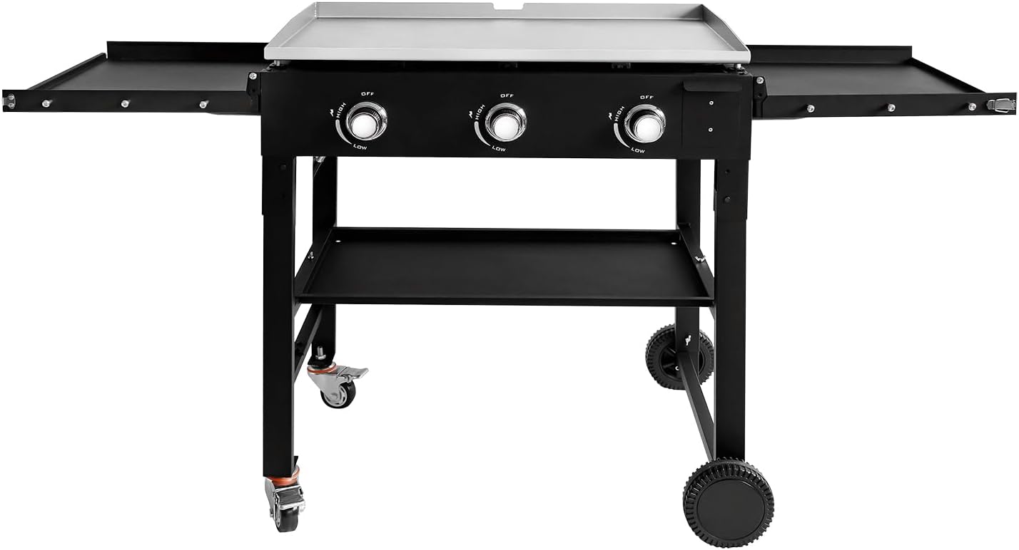 Alpine Cuisine Cast Iron Griddle & 3 Burner Gas Grill Combo, Outdoor Cooking Station with Side Shelves & Wheels | 67
