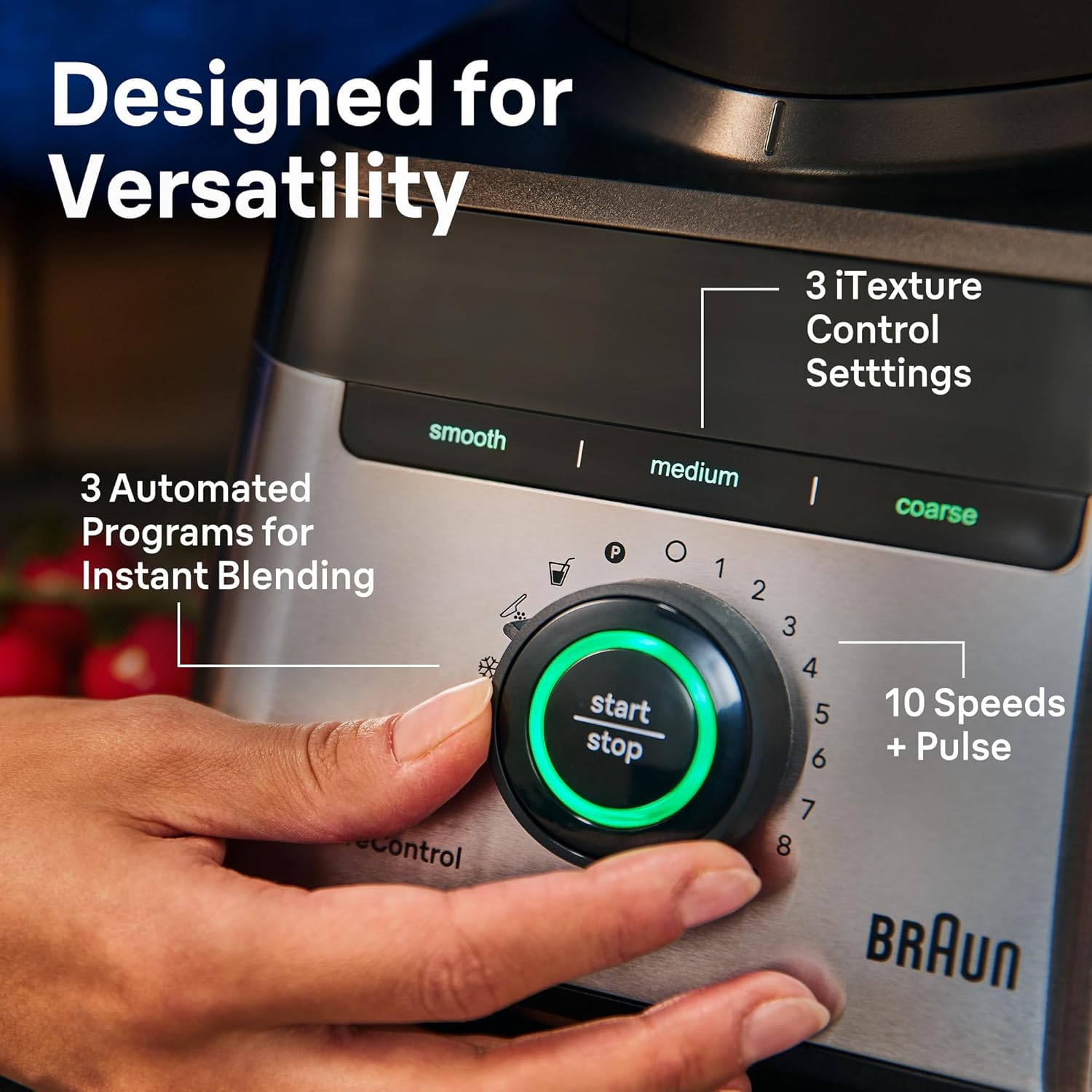 Braun TriForce Power Blender - Powerful 1200 Watt Countertop Blender with 10 Manual Speeds, 3 Texture & 3 Food Settings, Stainless Steel Blades for Effortless Emulsifying, for Smoothies, Purees & More