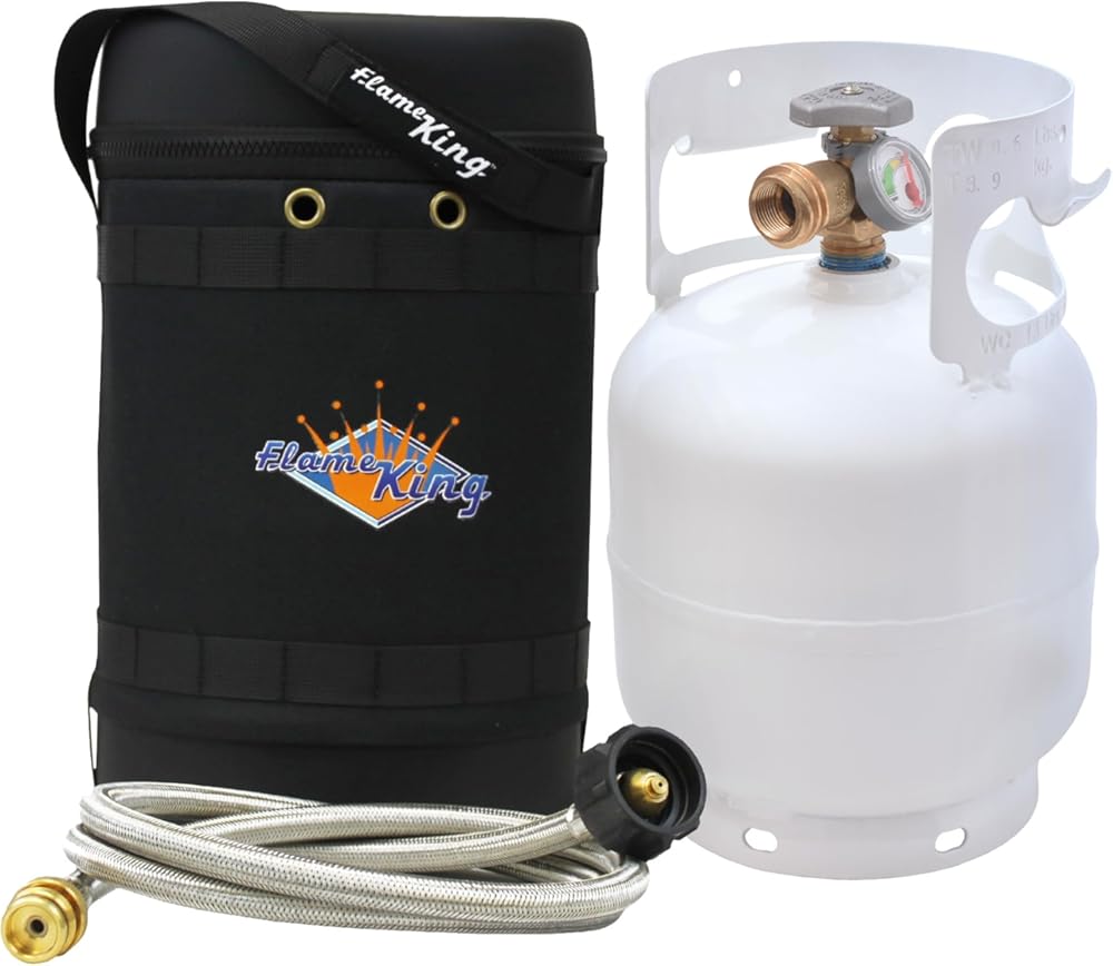 Flame King Gas Hauler Pro Kit - Insulated Protective Carry Case, 5LB Propane Tank with Built-in Gauge and 5-FT Adapter Hose for Camping and Outdoor Adventures