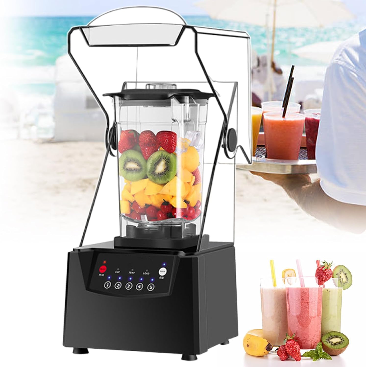 Commercial Smoothie Blender, with Soundproof Shield, 1.8 L Quiet Countertop Blender, for Fruit/Milkshake/Vegetable/Smoothie Cocktail, 17000 Rpm Professional Grade Blending, 2200 W