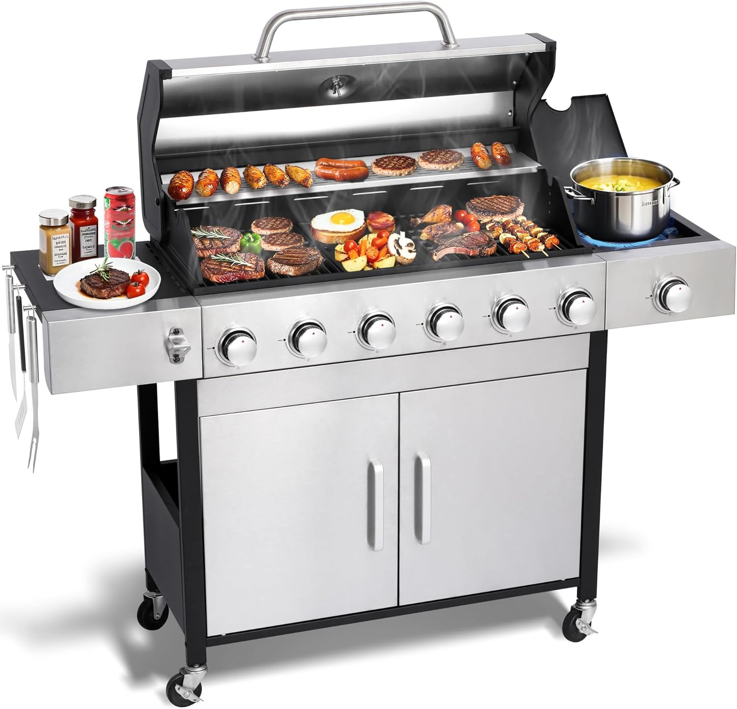 6-Burner BBQ Grill with Side Burner - 69,000 BTU Propane Gas Grill with Cast Iron Grate, Stainless Steel - 620 Sq. In. Cooking Area Cabinet Style Outdoor Grill for Barbecue & Backyard
