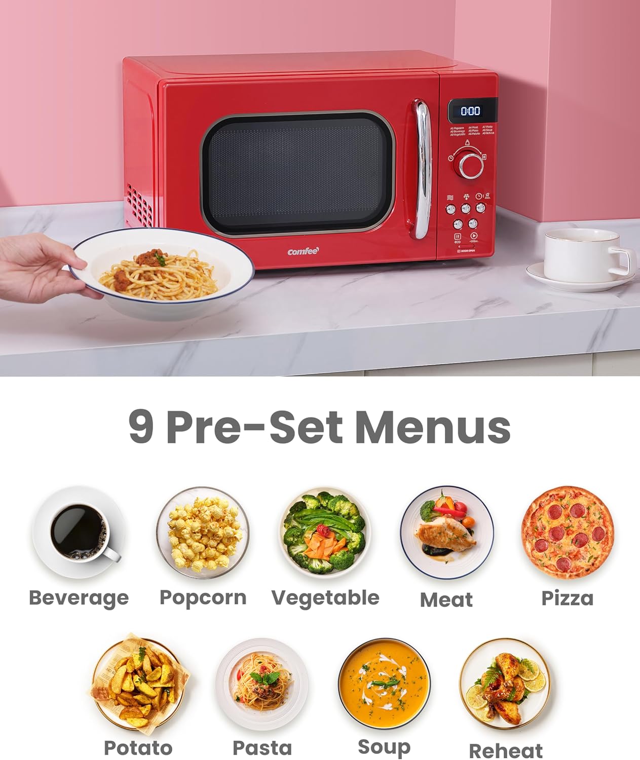 COMFEE' Retro Small Microwave Oven With Compact Size, 9 Preset Menus, Position-Memory Turntable, Mute Function, Countertop, Perfect For Small Spaces, 0.7 Cu Ft/700W, Red, AM720C2RA-R