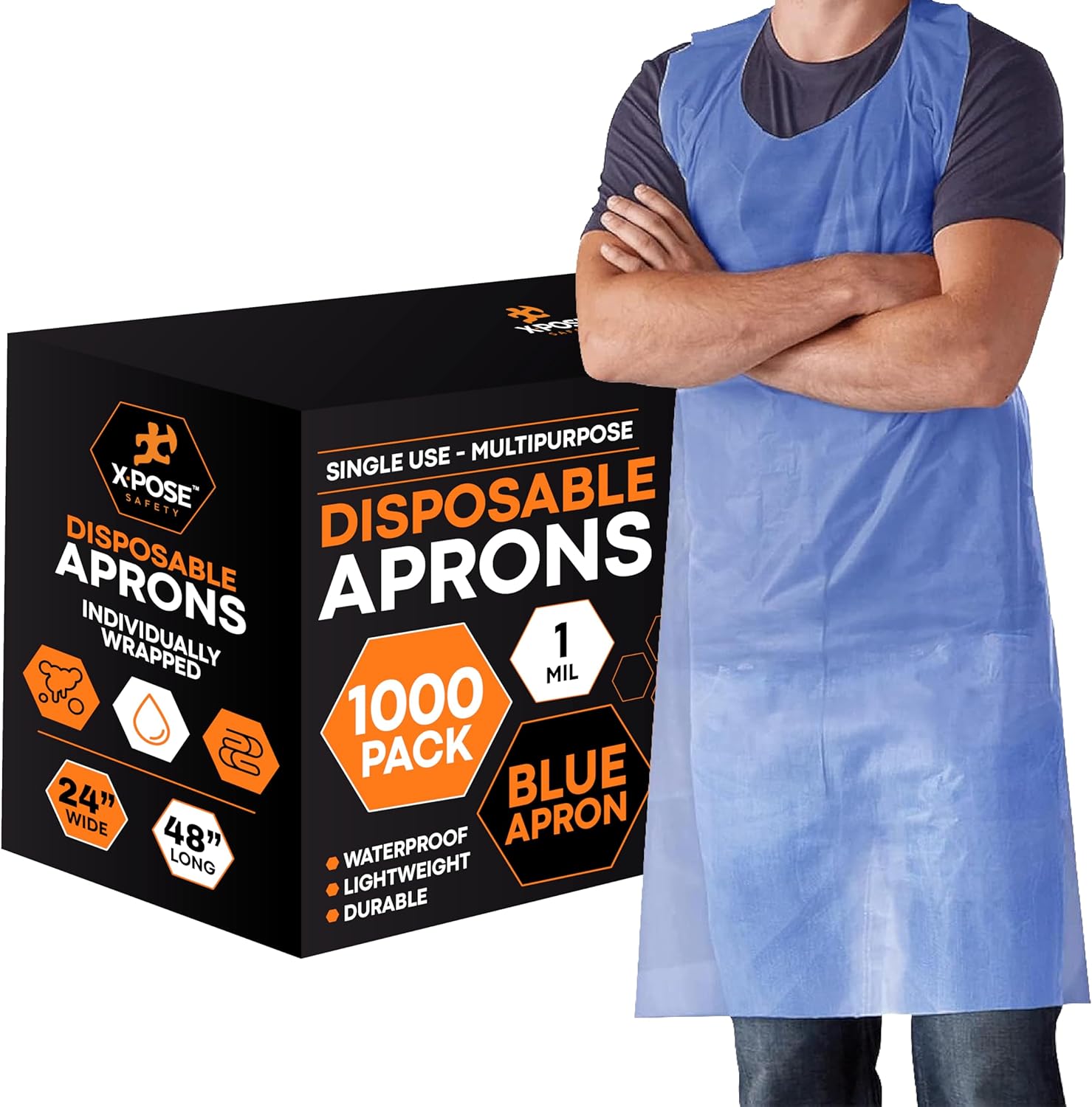 Xpose Safety 1000 Blue Plastic Disposable Aprons for Cooking & more Individually Packaged, Durable 1 Mil Waterproof Polyethylene 24