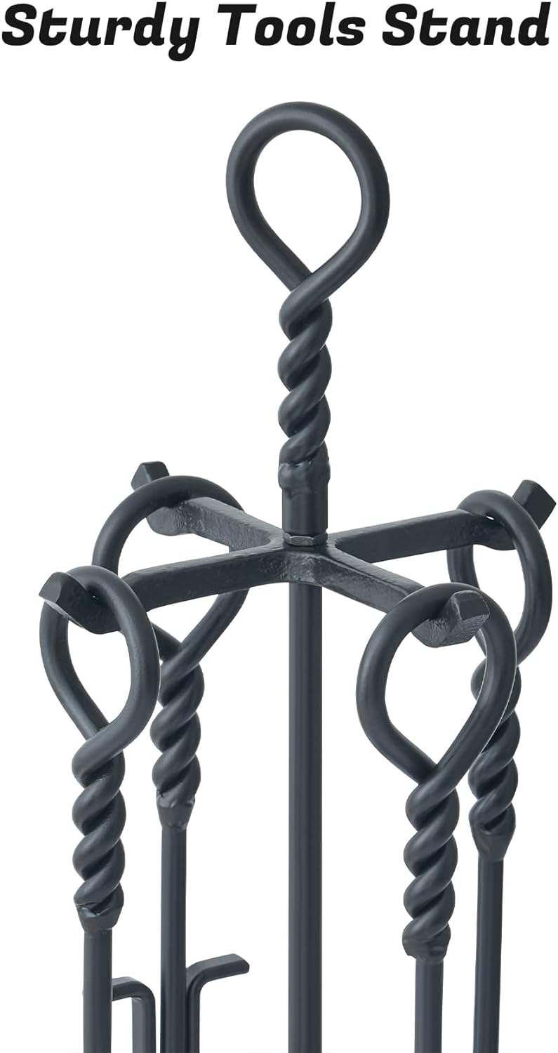 Lichamp Fireplace Tools Set, 5-Pieces Indoor Outdoor Sturdy Fire Place Poker Sets with Retro Handle and Heat Resistant Leather Gloves, FTS55BK