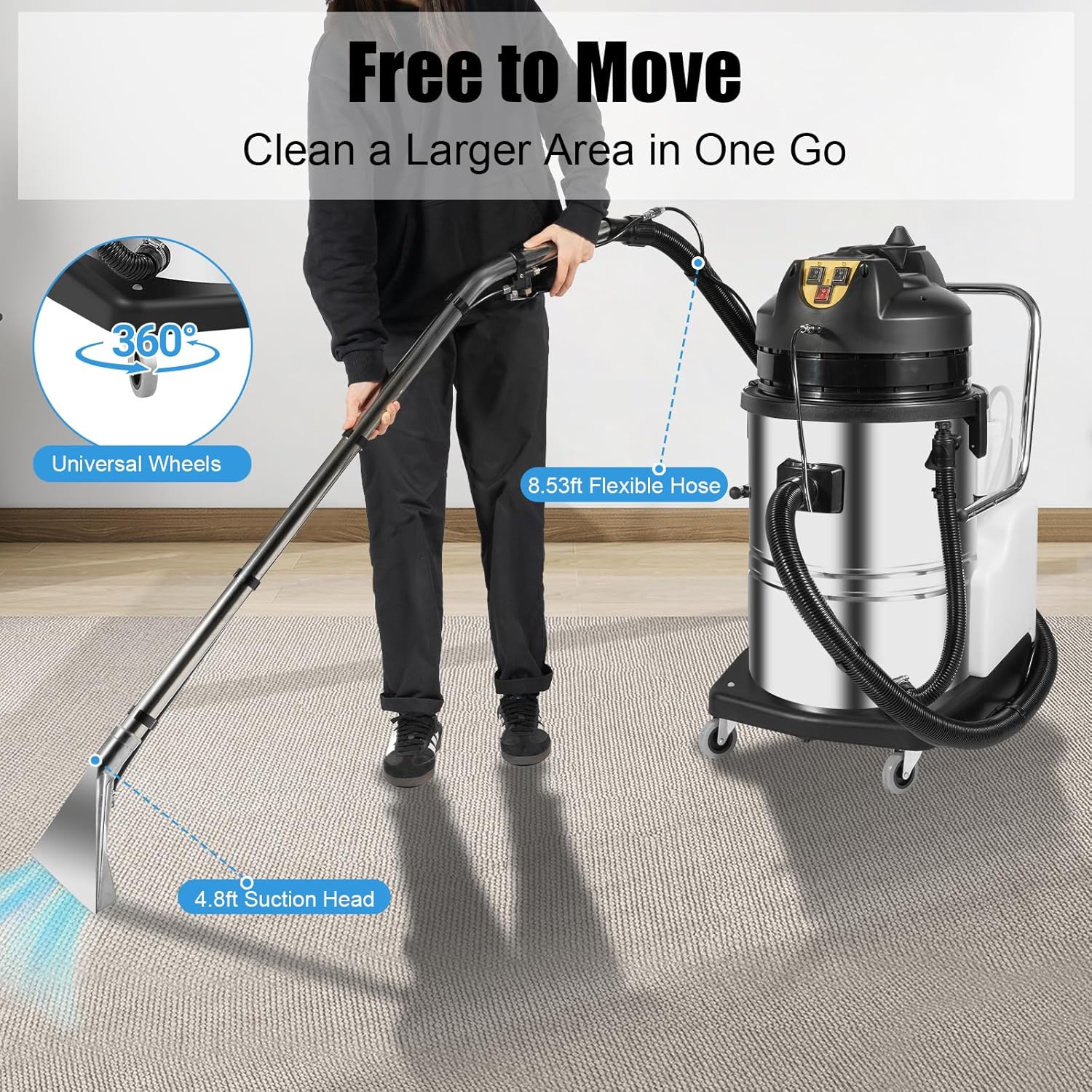 Commercial Carpet Cleaner Machine, 60L/15.85Gal Stainless Steel Spraying&Suction Upholstery Cleaning Machine with 6 Suction Heads for Area Rugs Couch Curtain Car Detailing Deep Cleaning(No Steam)