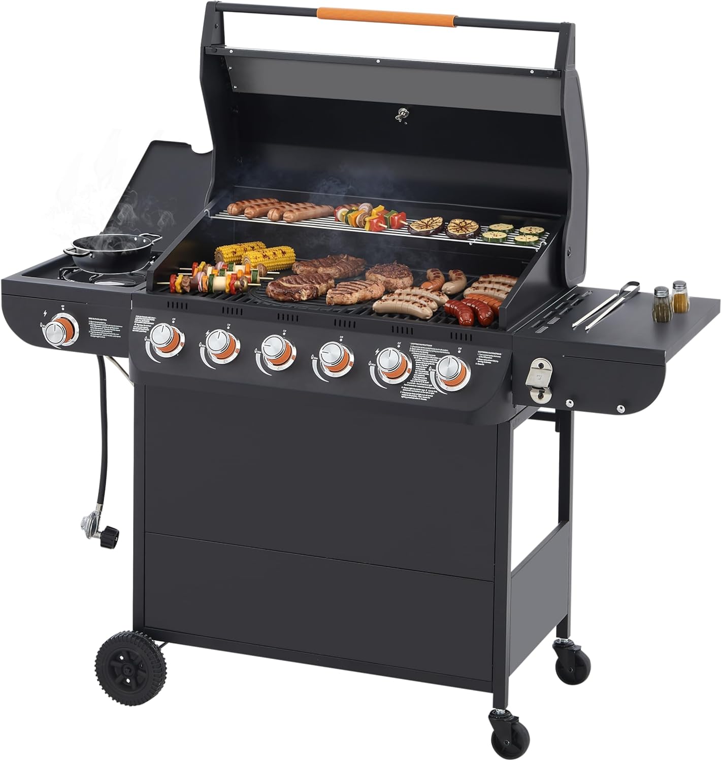 6 Burner BBQ Propane Gas Grill with Side Burner, 72000 BTU Output Stainless Steel Barbecue Grill with Cast Iron Grates and Side Tables for Outdoor Cooking Camping Patio Backyard