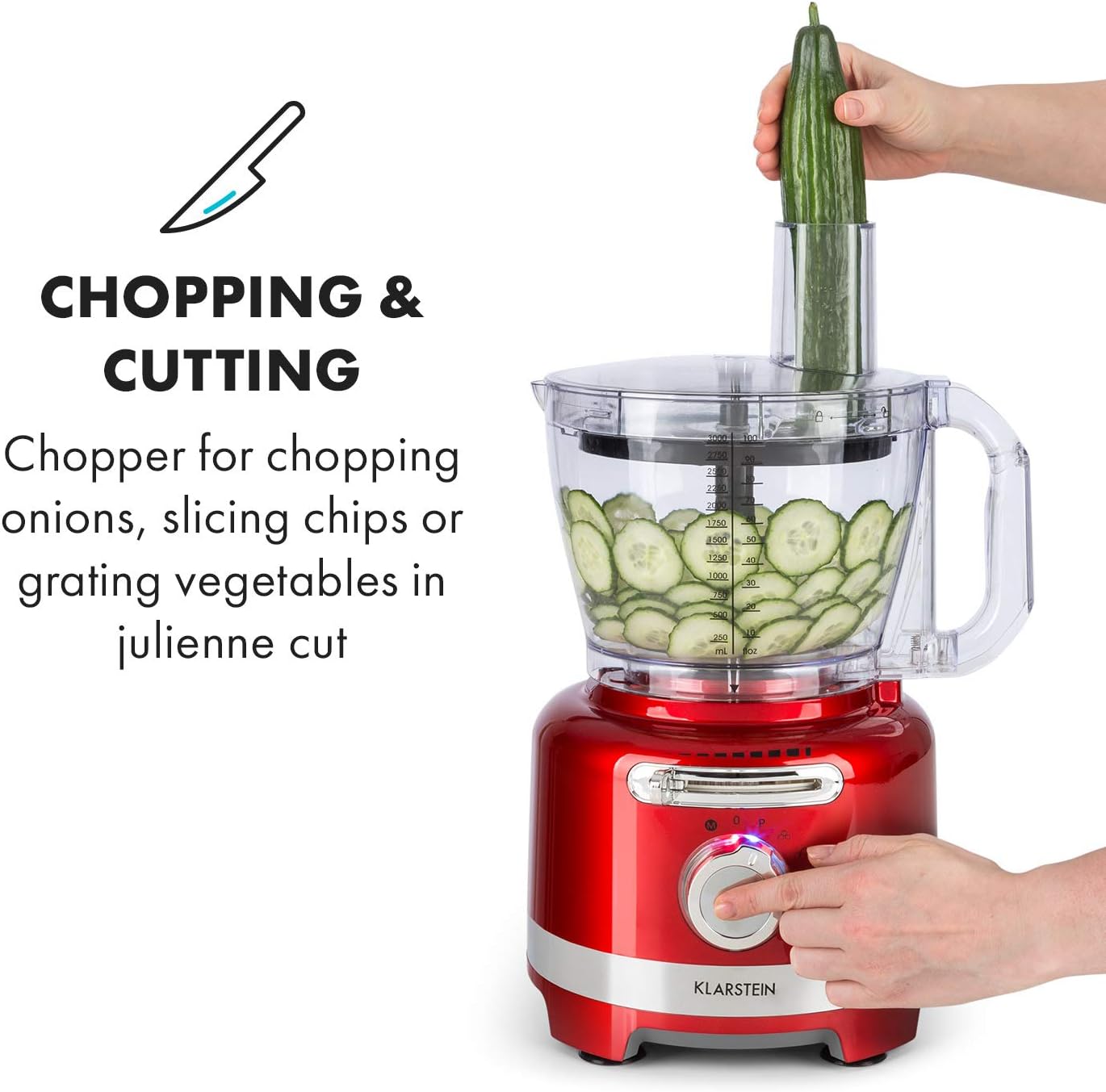 Klarstein Luca Multi-Function Mixer Blender Chopper Kitchen Grater Juicer Food Processor, 1000 Watt, Stepless, 6 Levels, BPA Free, 3 Litres, 3 L Measuring Cup, Spatula, Red