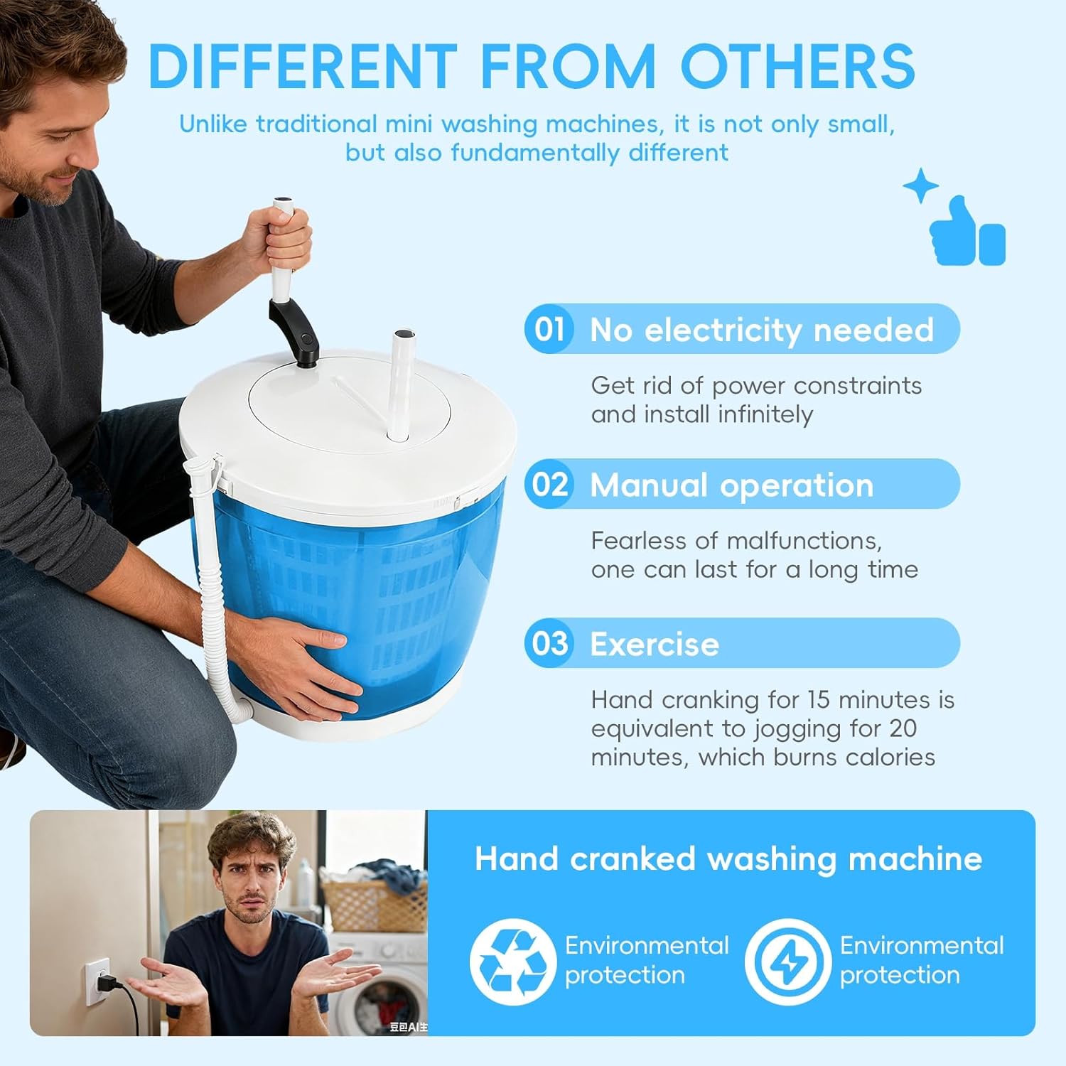 Portable Washer Dryer Combo, 2-in-1 Portable Washer and Dryer, Non-Electric Washers Manual Traveling Outdoor Washing Machine Grey Mini Compact Washers Spin Dryer for RV Travel Sky Blue