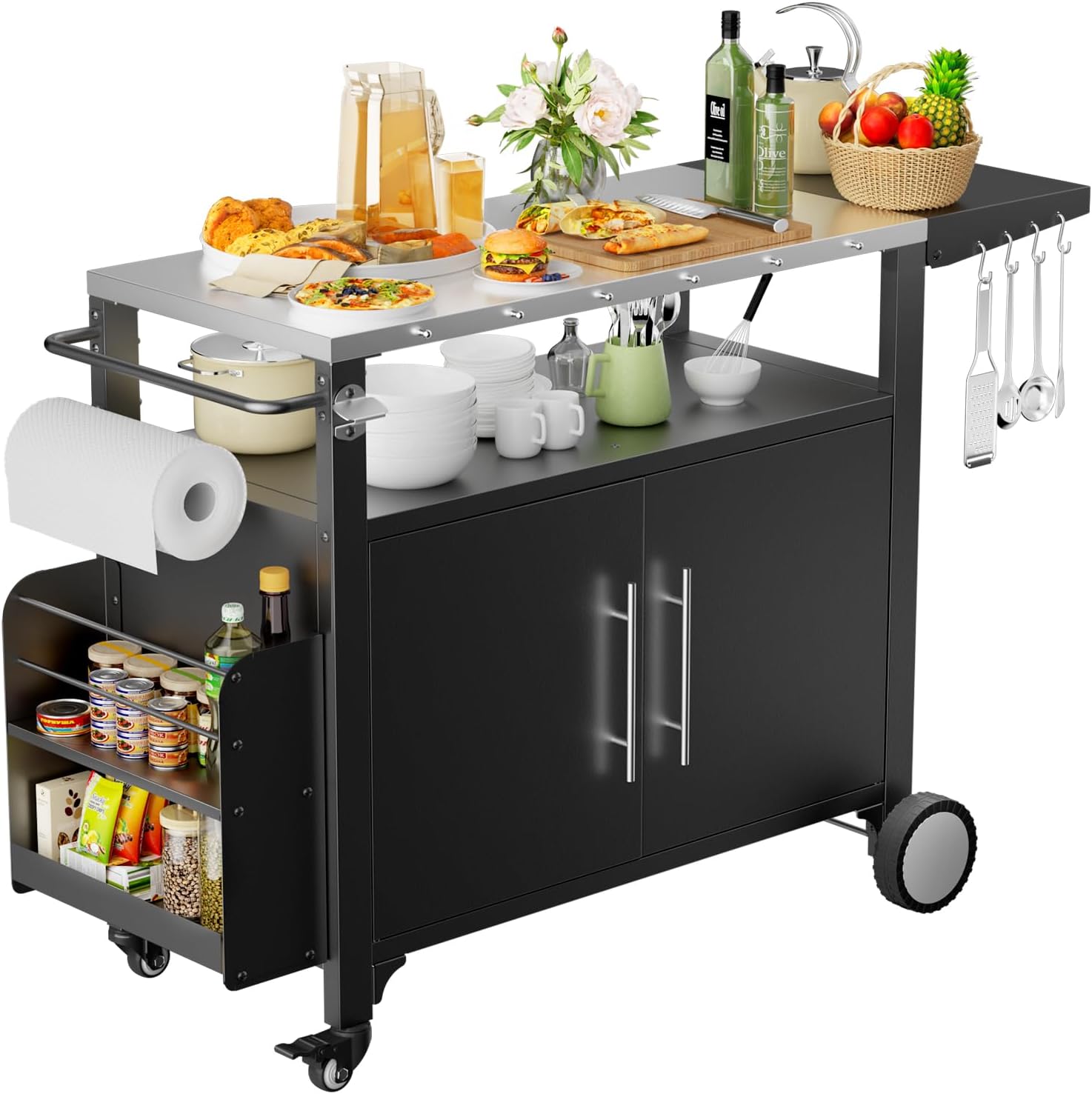 ROOMTEC Outdoor Grill Cart with Storage,Patio Kitchen Island with WheelsHooks and Spice Rack,Waterproof Outdoor Grill Table,Movable BBQ Serving Cart Rolling Bar Cart for Home Party Bar