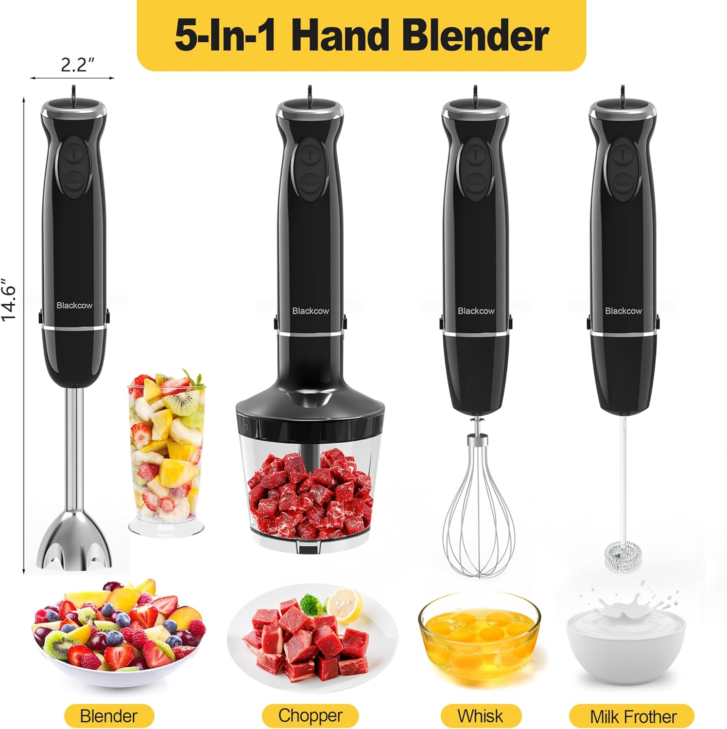 Immersion Blender Set for Kitchen,500W Extra Quiet Emulsion Blender Handheld,12 Speed Electric Hand Mixer with BPA Free Attachments:Chopper Bowl,Whisk,Milk Frother,Measuring Cup
