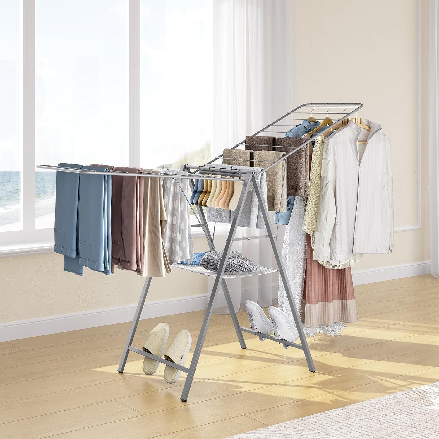 APEXCHASER Drying Rack Clothing, Clothes Drying Rack Foldable, Metal Laundry Drying Rack Collapsible for Sweater Towel Indoor & Outdoor, Height Adjustable Gullwing Clothes Airer, Grey