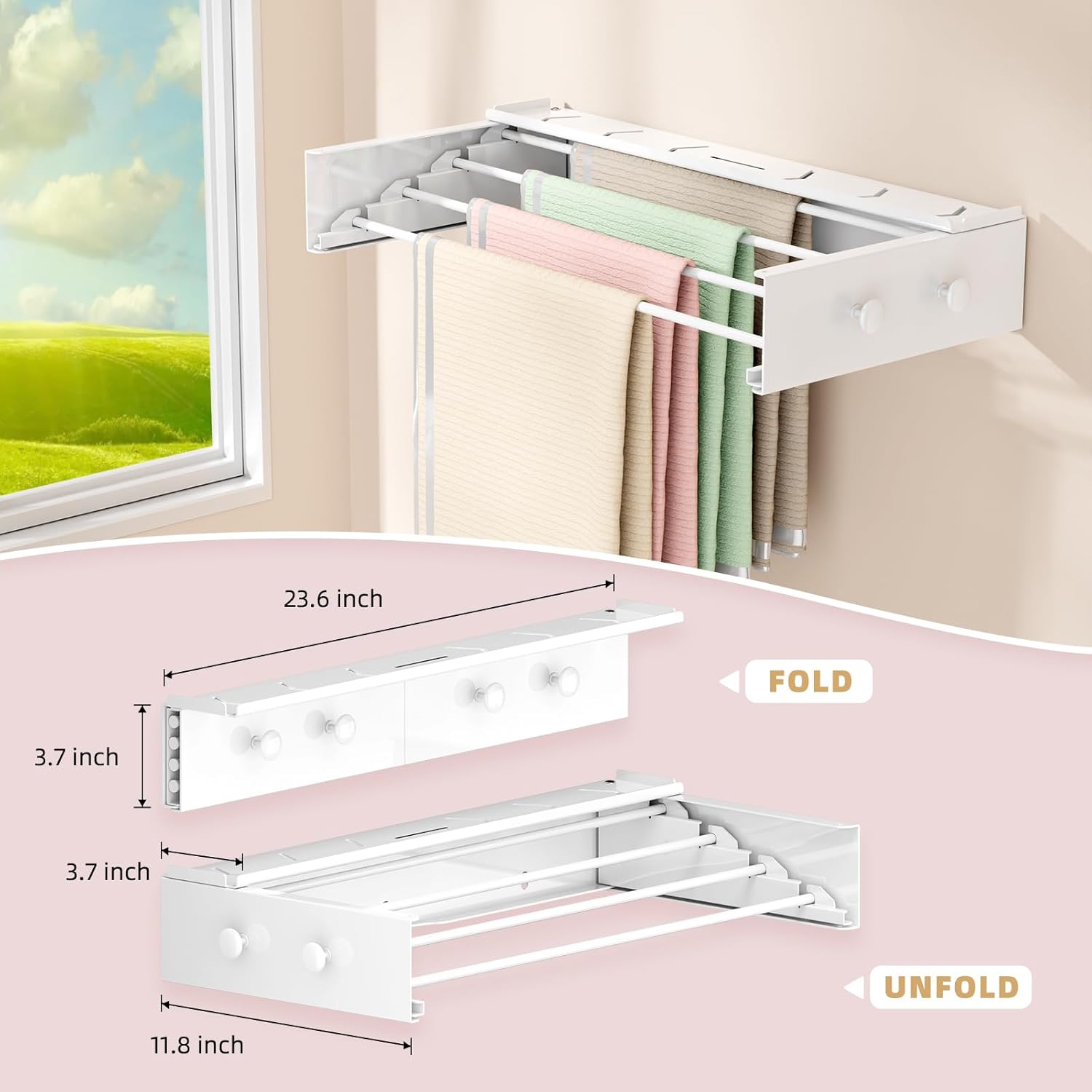 BAKON Wall Mounted Drying Rack with 4 Hooks and Shelf, Foldable Clothes Drying Rack for Laundry Room, Collapsible Laundry Rack Wall Mount, for Indoor Outdoor Hanging Clothes, 23.6 Inch