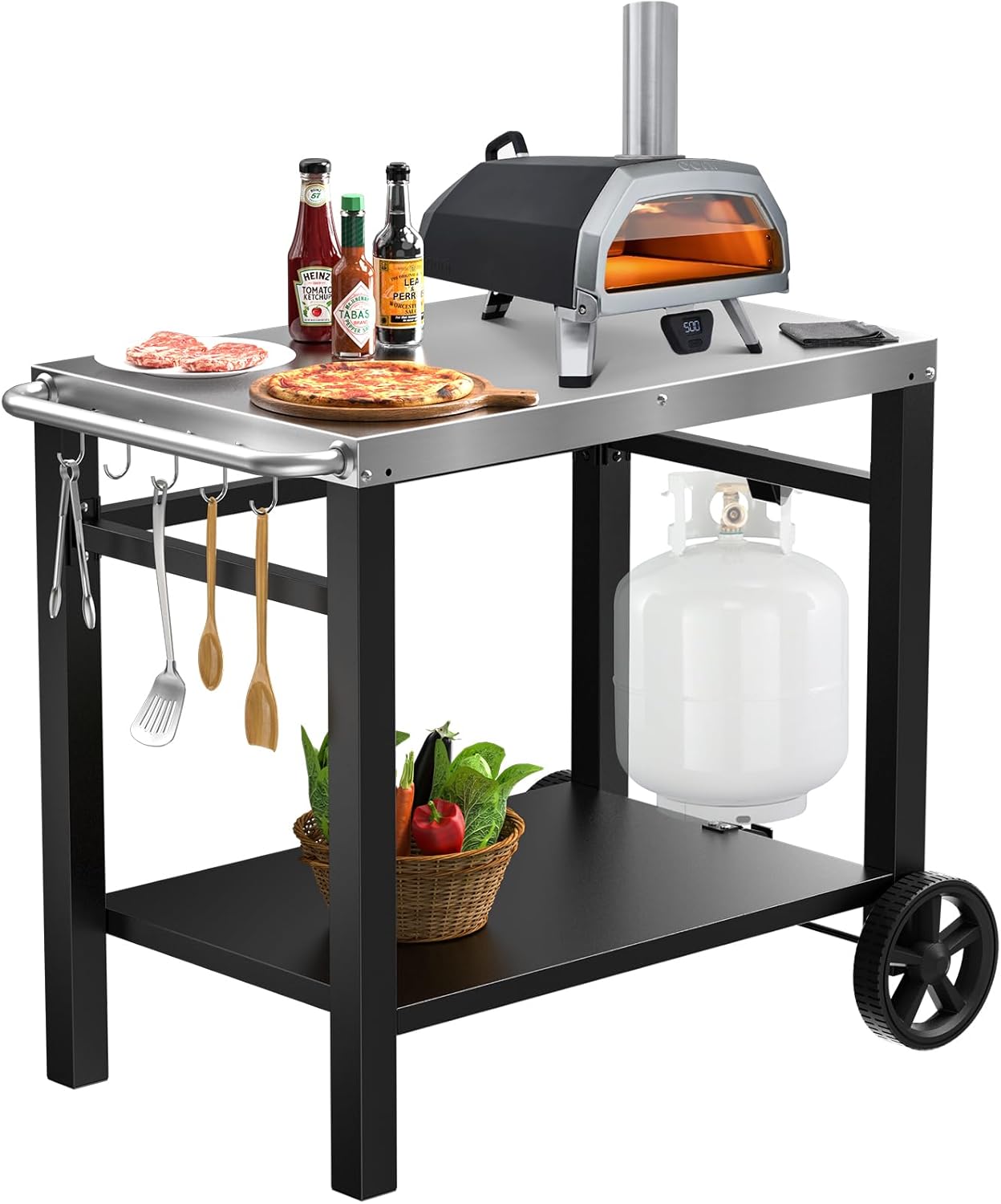 Double-Shelves Stainless Steel Flattop Grill Cart, Movable Kitchen Indoor & Outdoor Cooking Station, Fits Ninja/Ooni/Blackstone/Weber Q, Pizza Oven Food Prep Table for Party, 33.5