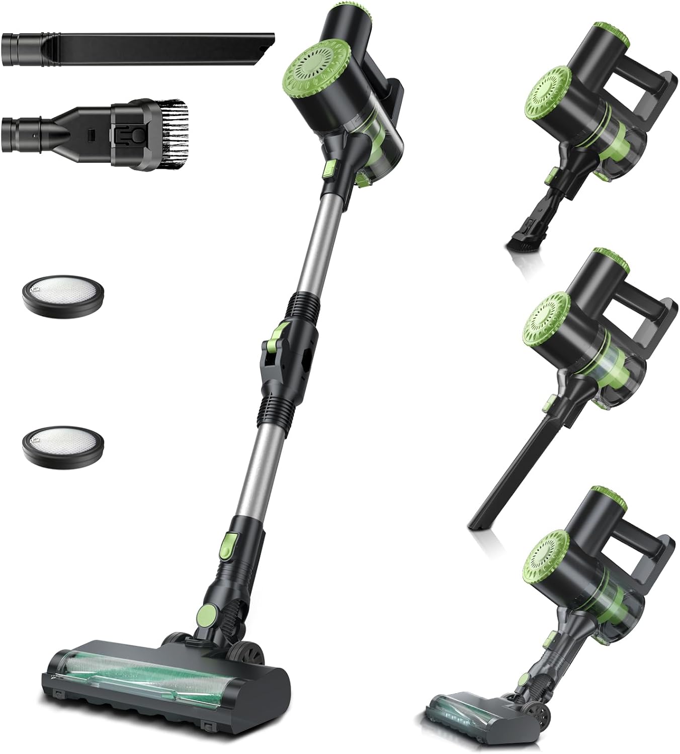 Cordless Vacuum Cleaner, Lightweight Stick Vacuum Cleaner, 6 in 1, Self-Standing with Powerful Suction, 180° Bendable Wand Rechargeable Cordless Vacuum for Hardwood Floor (Green)