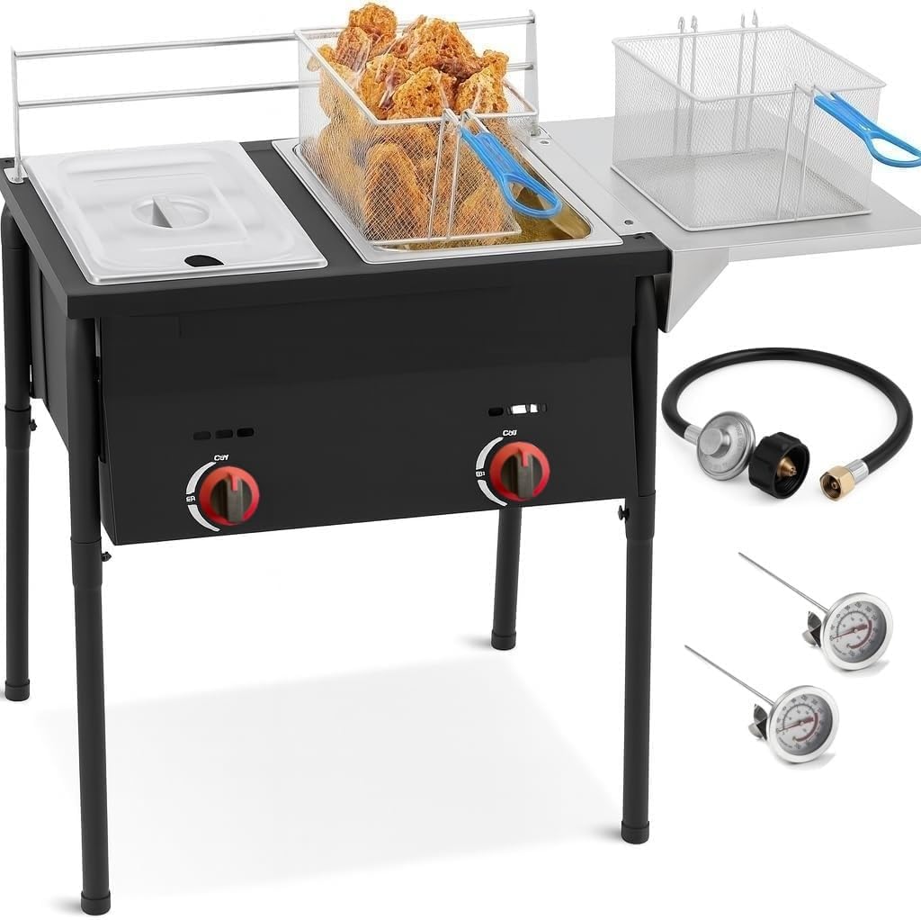 Two Tank Propane Deep Fryer-2 Basket Stainless Steel Cooker-Fry Fish/Chicken Outdoor-4 Gal. Oil Capacity-with 2 Thermometers and Regulator