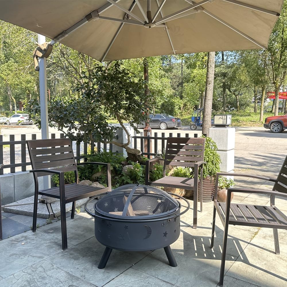Fire Pit 32 Inch Outdoor Wood Burning Firepit with Screen Patio Round About The Moon and Stars