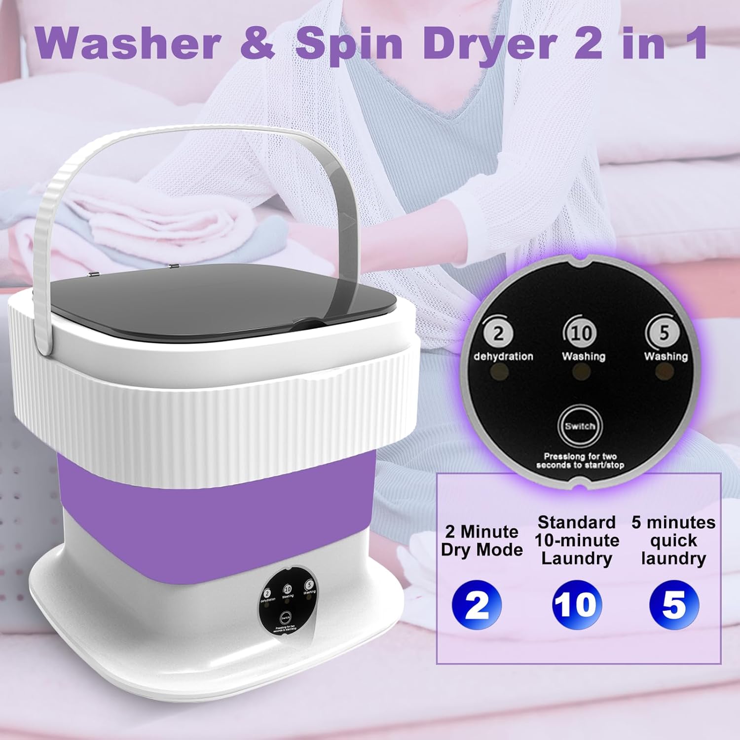 Portable Washing Machine, 16L Foldable Mini Washing Machine & Spin Dryer, Collapible Compact Washer, Small Folding Laundry Washer, Socks, Baby Clothes, Underwear, Dorm, Camping, Apartment, RV, Purple